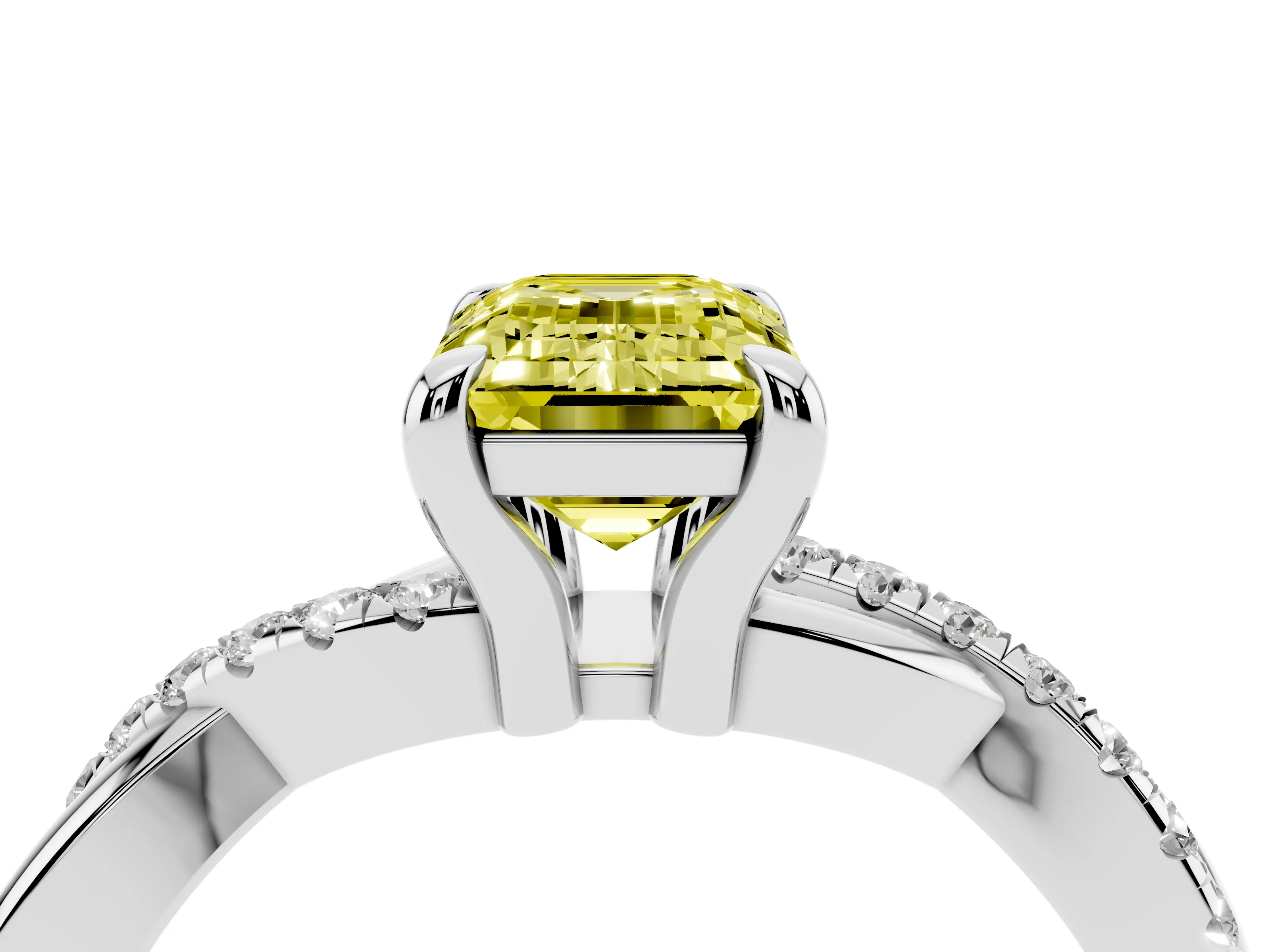 Fancy Yellow Emerald Cut Diamond Twist Band Solitaire Set in White gold with Pavé Accents and Prong Setting