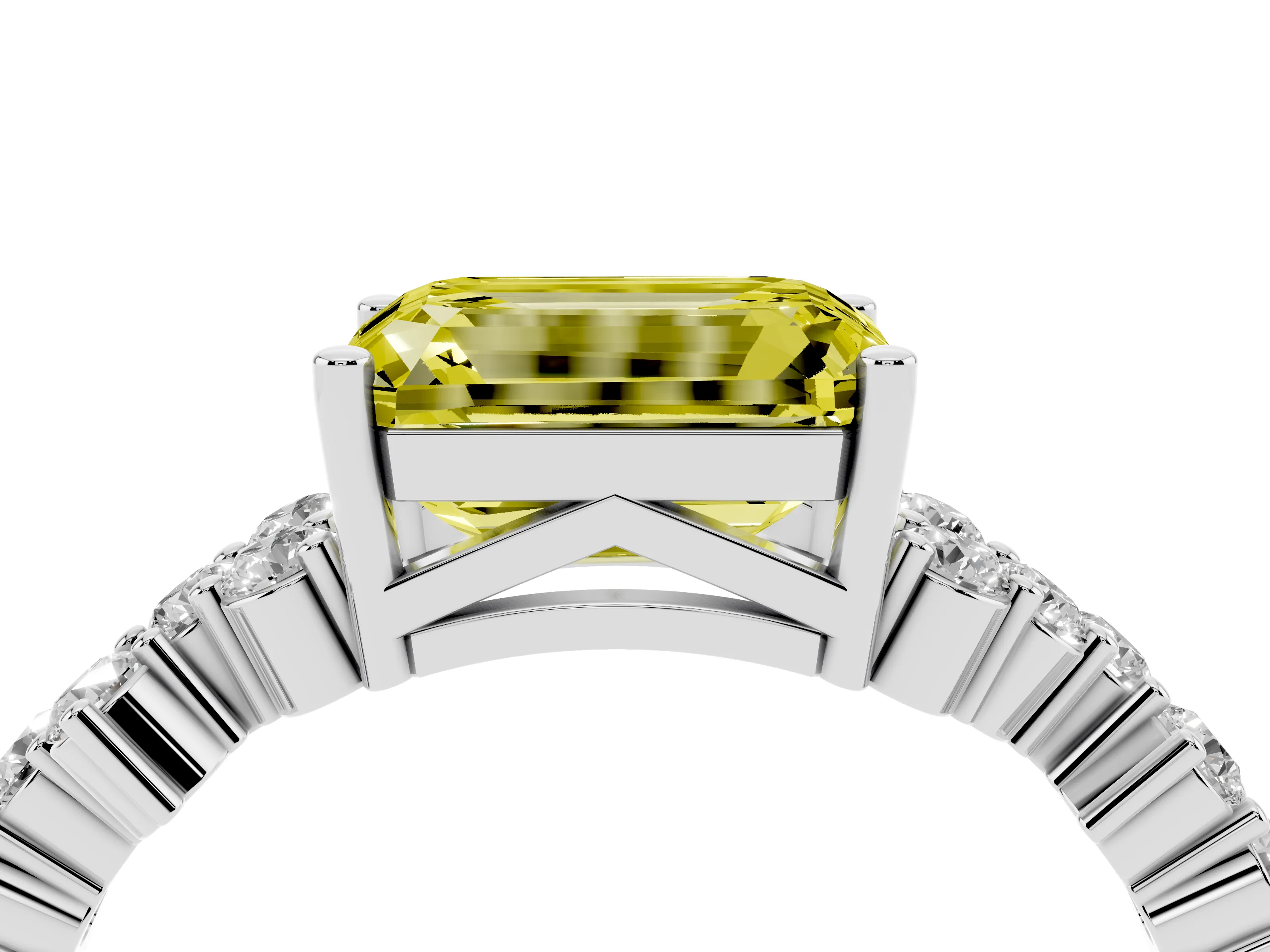 Fancy Yellow Emerald Cut Diamond Ring Set in Silver with Scattered Round Accents