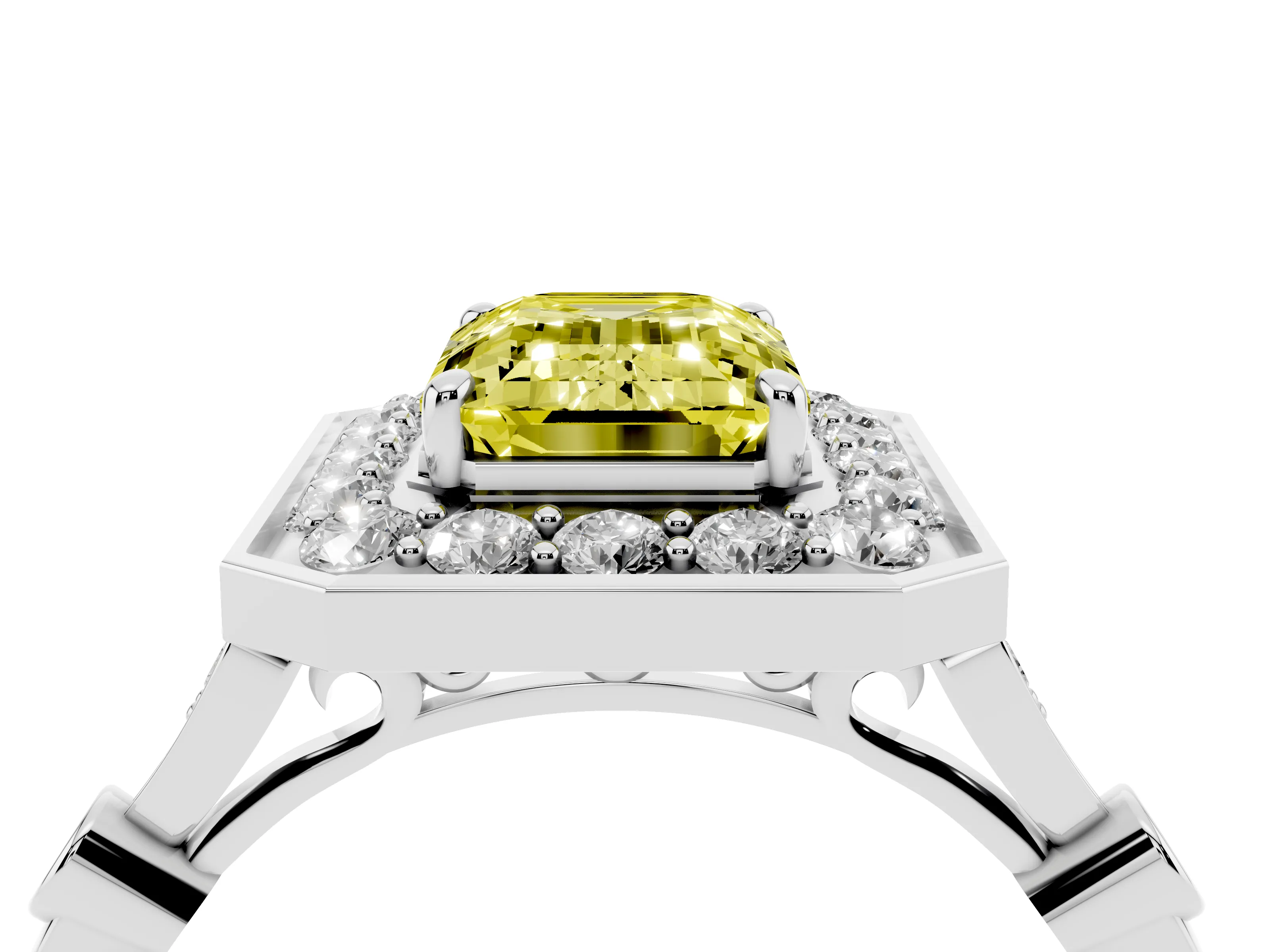 Fancy Yellow Emerald Cut Diamond Halo Engagement Ring Set in Platinum with Twisted Band and Prong Setting