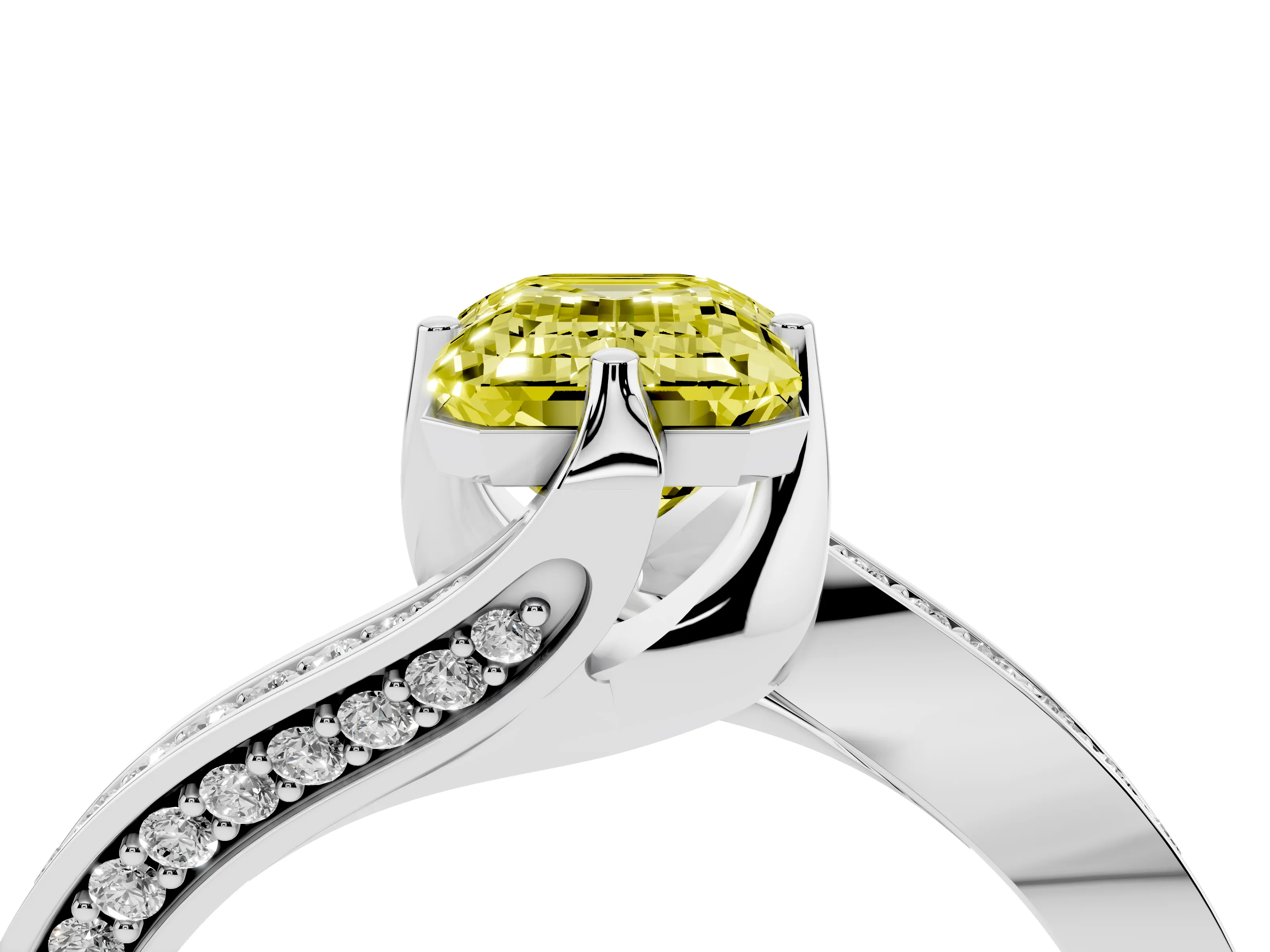 Fancy Yellow Emerald Cut Diamond Solitaire Ring Set in Silver with Intertwined Pavé Twist Band