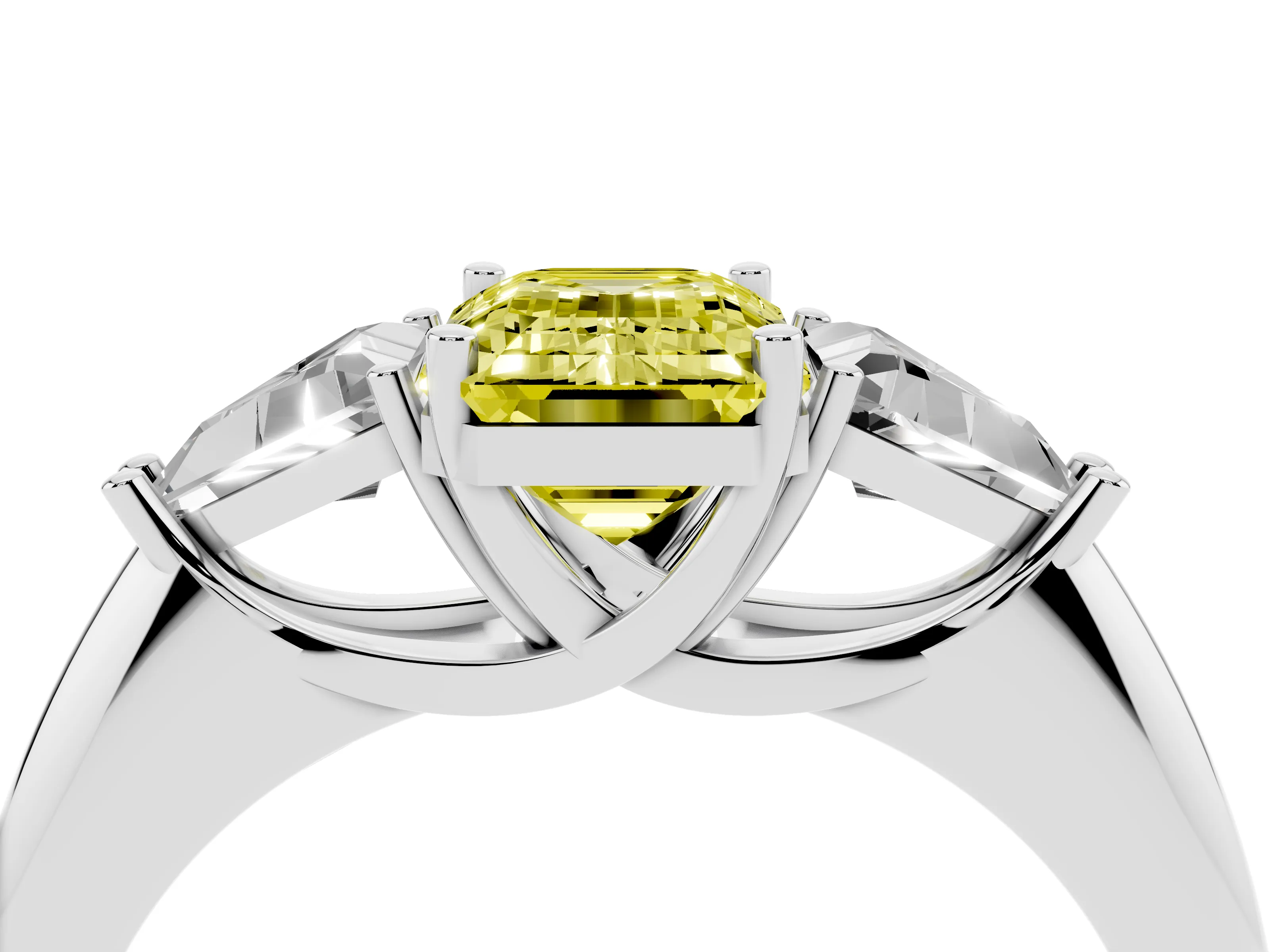 Fancy Yellow Emerald Cut Diamond Three-Stone Engagement Ring Set in Platinum with Trillion Side Stones