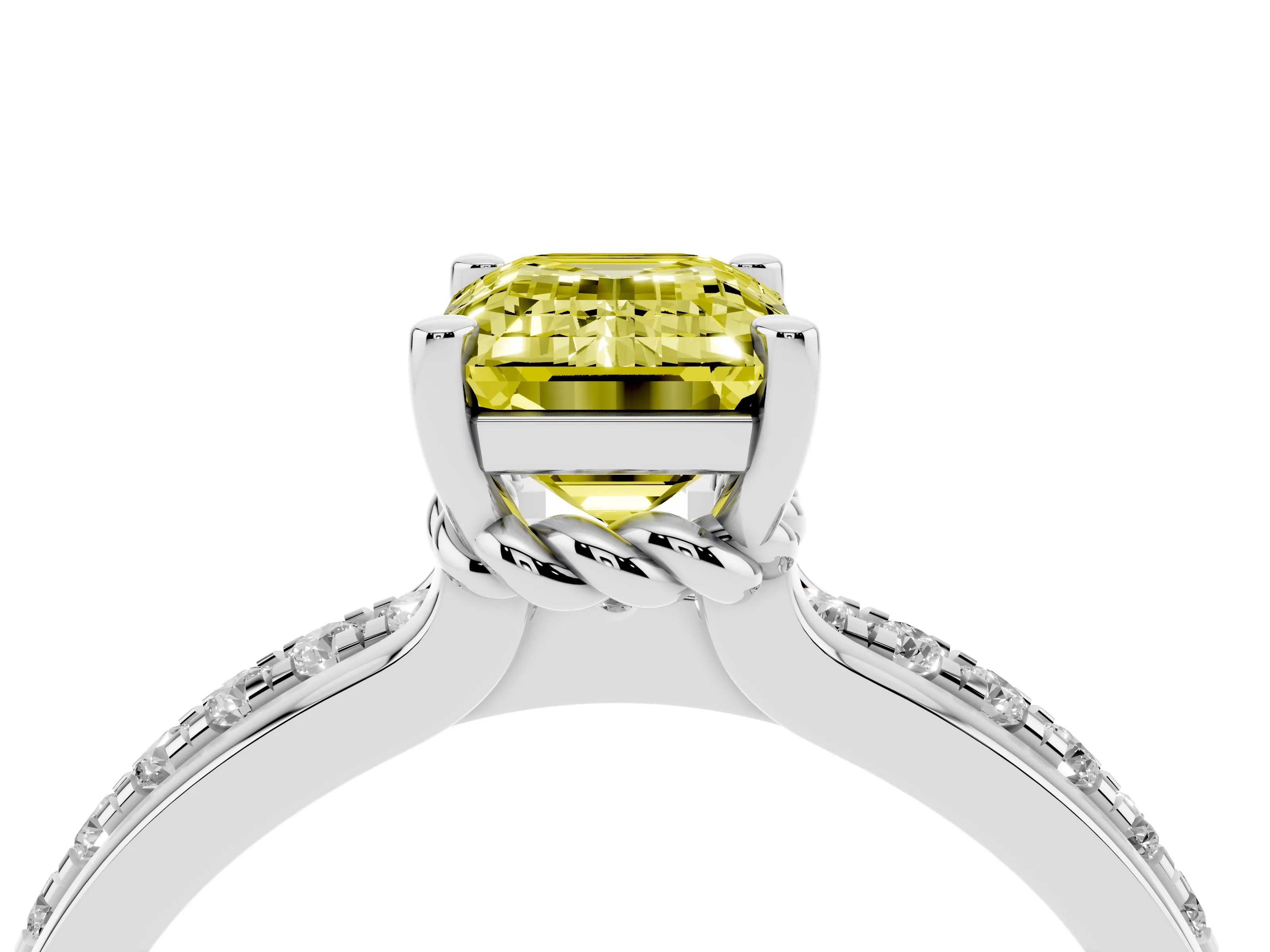 Fancy Yellow Emerald Cut Diamond Solitaire Ring Set in Silver with Channel Set Band and Prong Setting