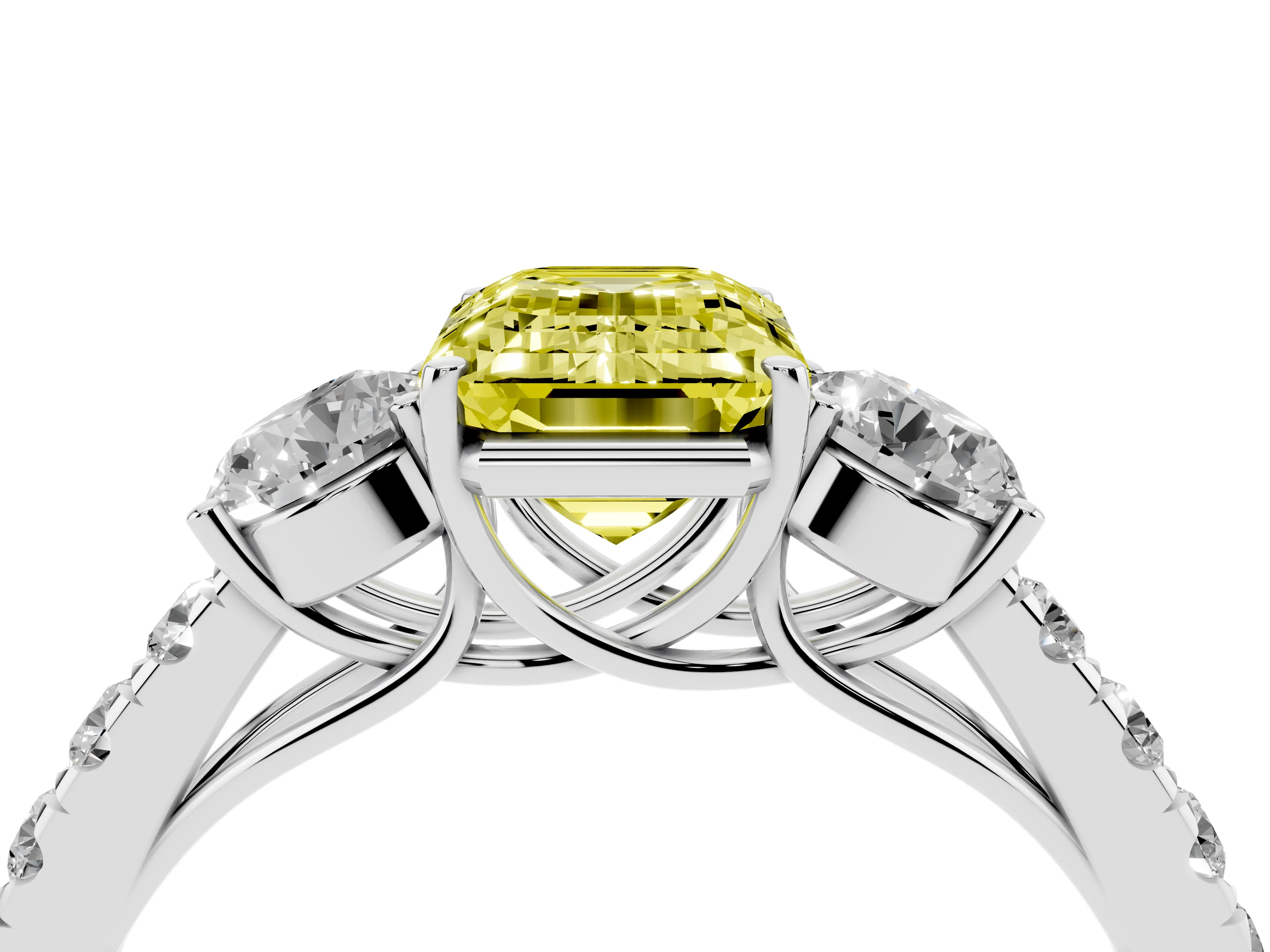 Fancy Yellow Emerald Cut Diamond Three-Stone Ring Set in White gold with Round Side Stones and Delicate Pavé Band