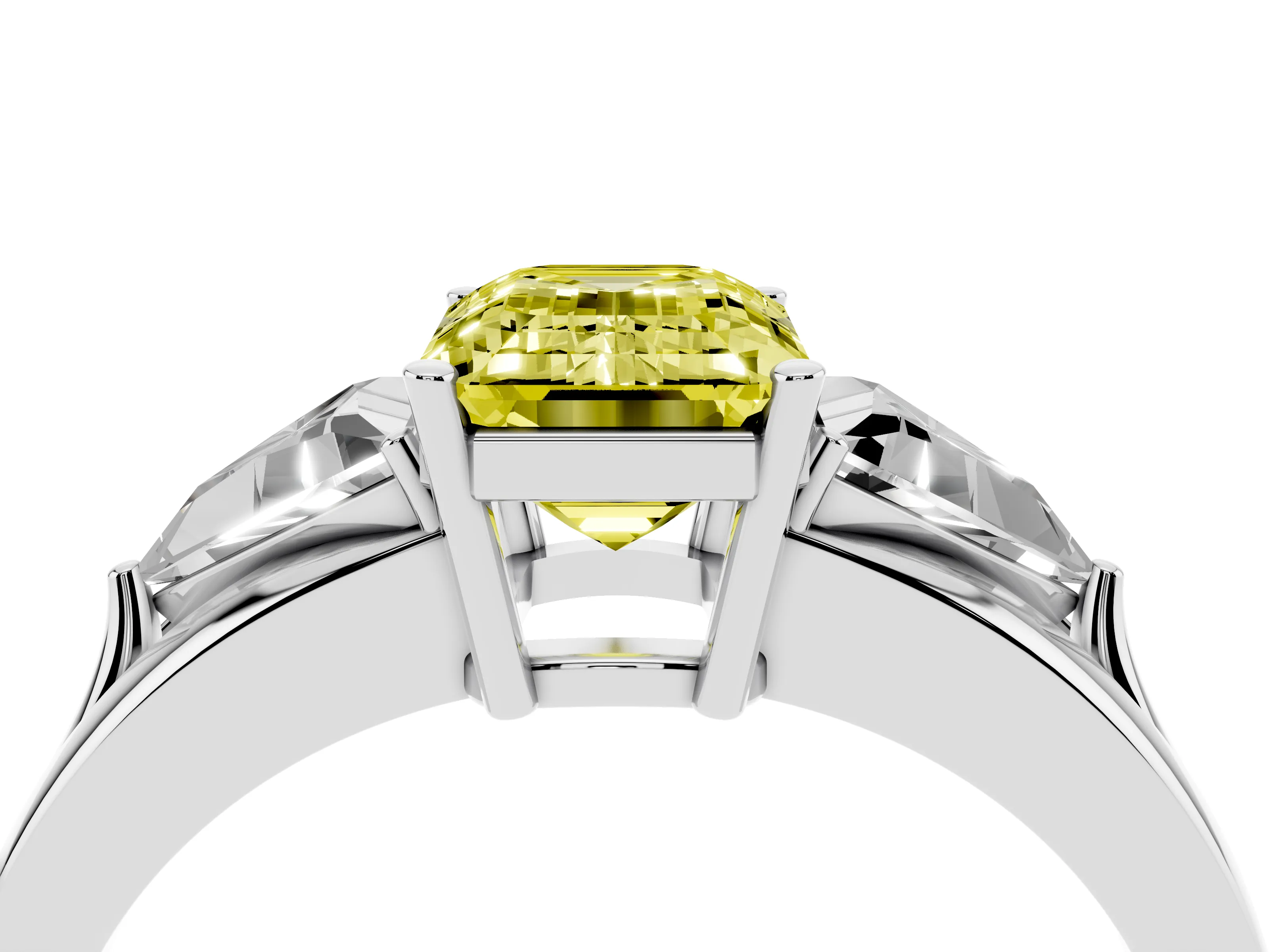Fancy Yellow Emerald Cut Diamond Three-Stone Ring Set in Silver with Trillion Side Stones and Split Shank