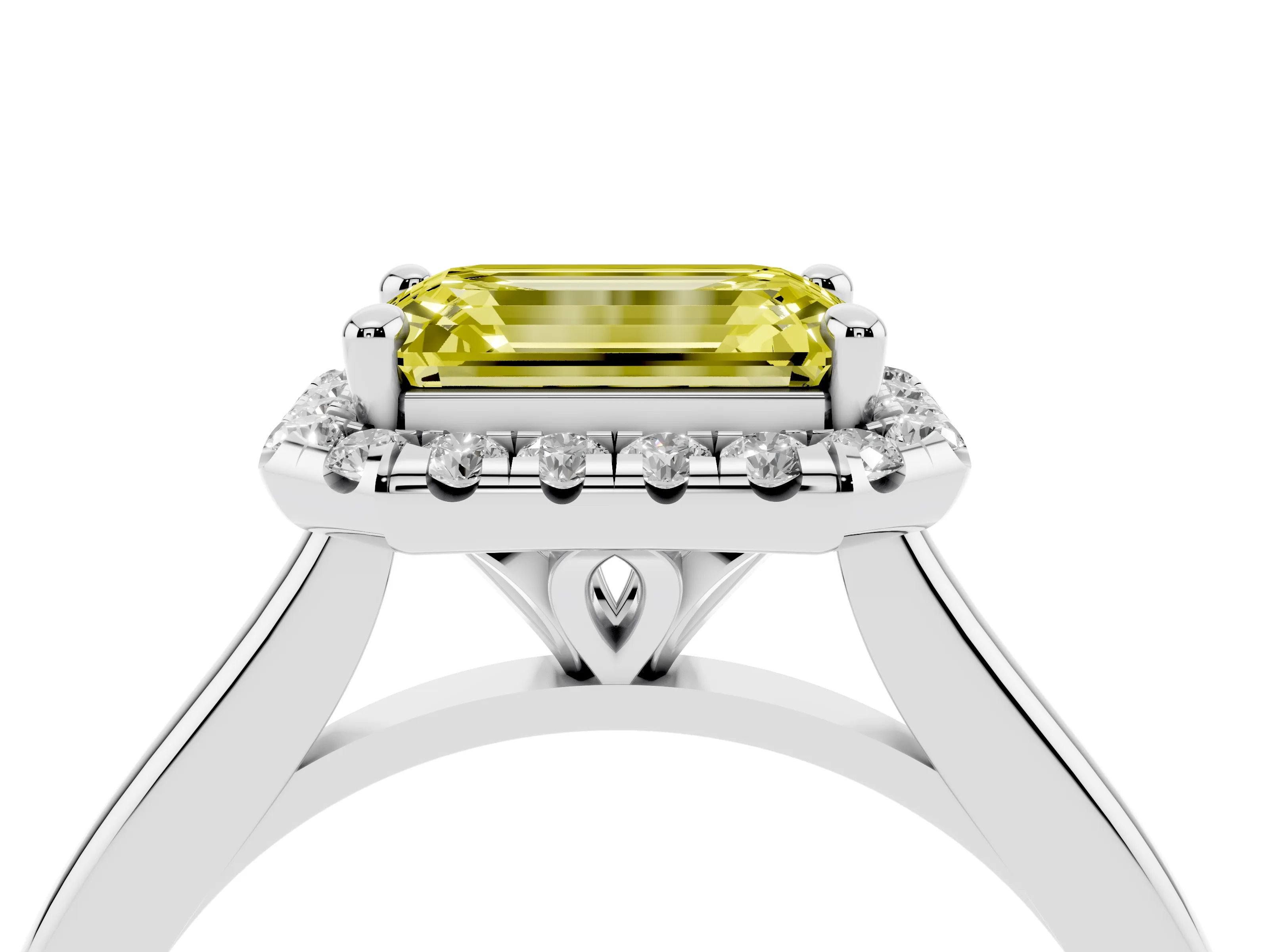 Fancy Yellow Emerald Cut Diamond Halo Engagement Ring Set in White gold with Pavé Band and Rising Shoulders