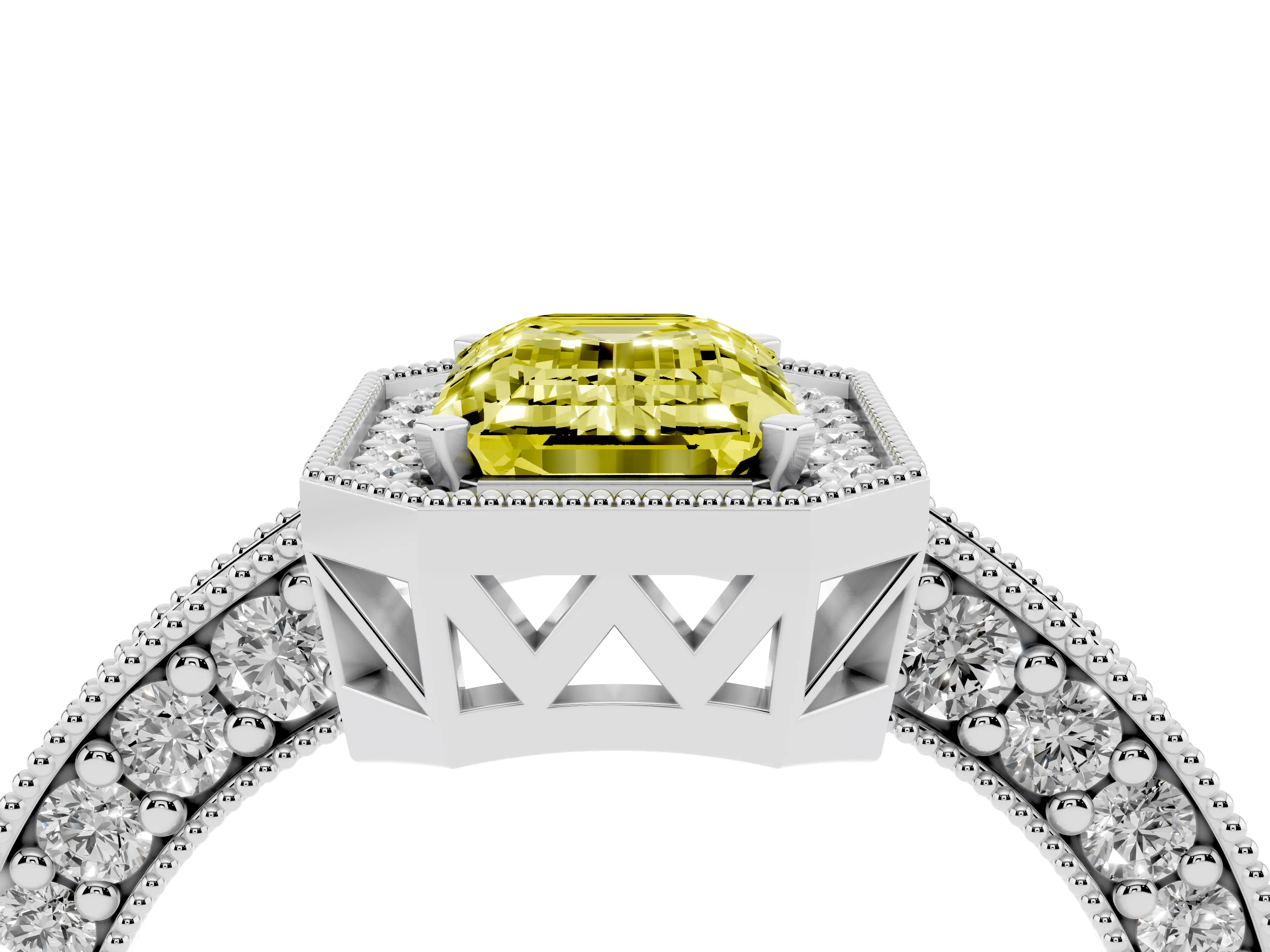 Fancy Yellow Emerald Cut Diamond Halo Pavé Band Ring Set in Platinum with Prong-Set Center