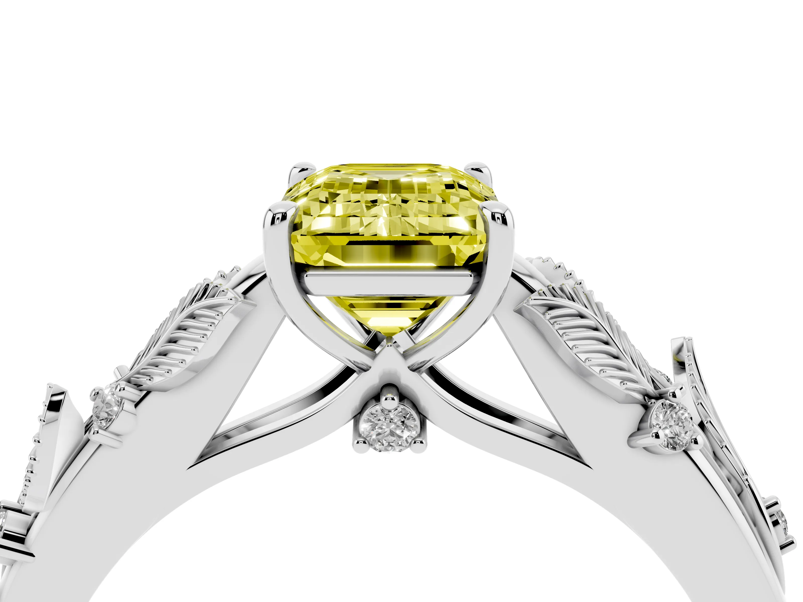 Fancy Yellow Emerald Cut Diamond Solitaire Ring Set in Silver with Leaf Motif Band