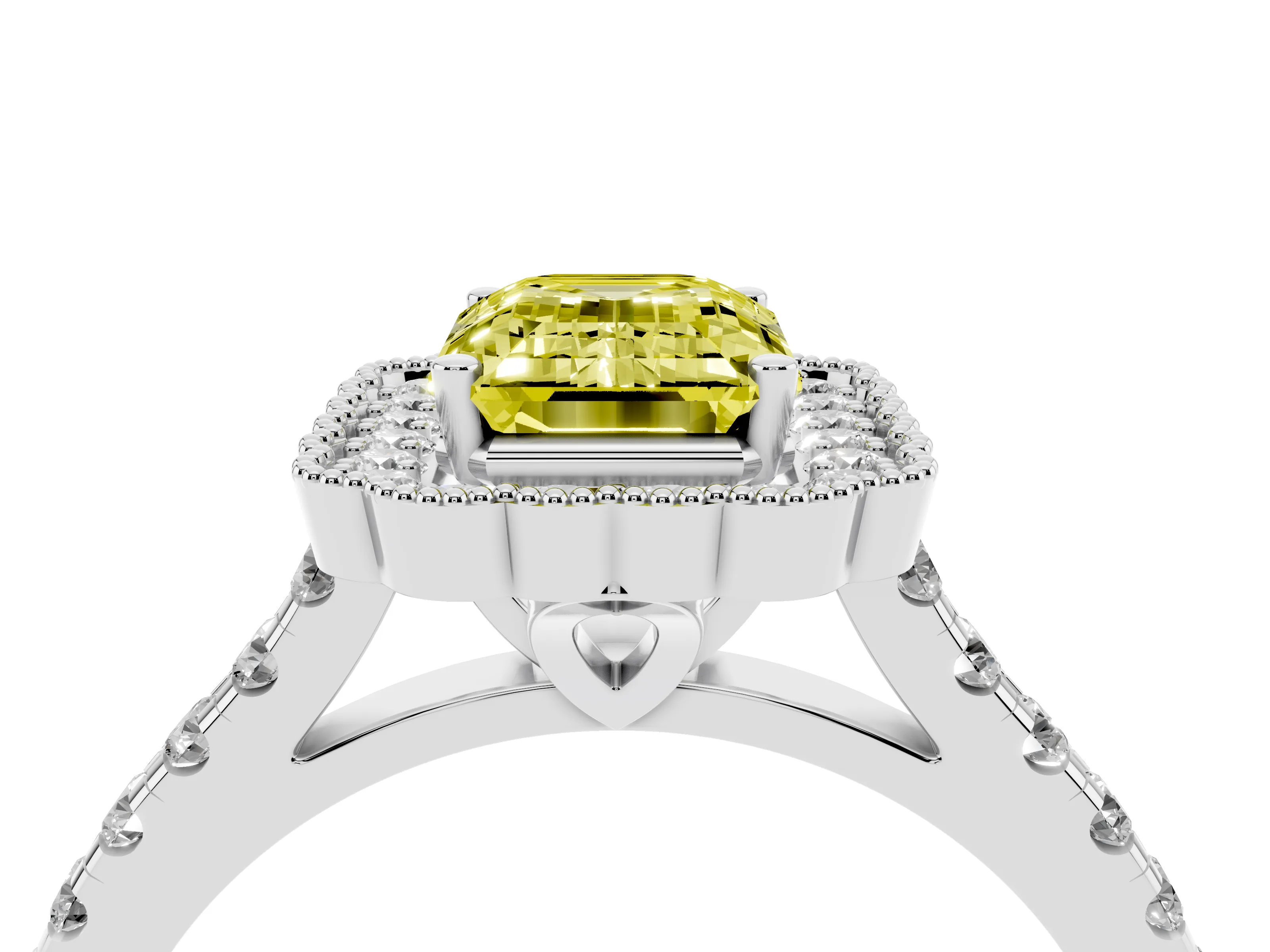 Fancy Yellow Emerald Cut Diamond Milgrain Floral Halo Engagement Ring Set in Silver with Pavé Band