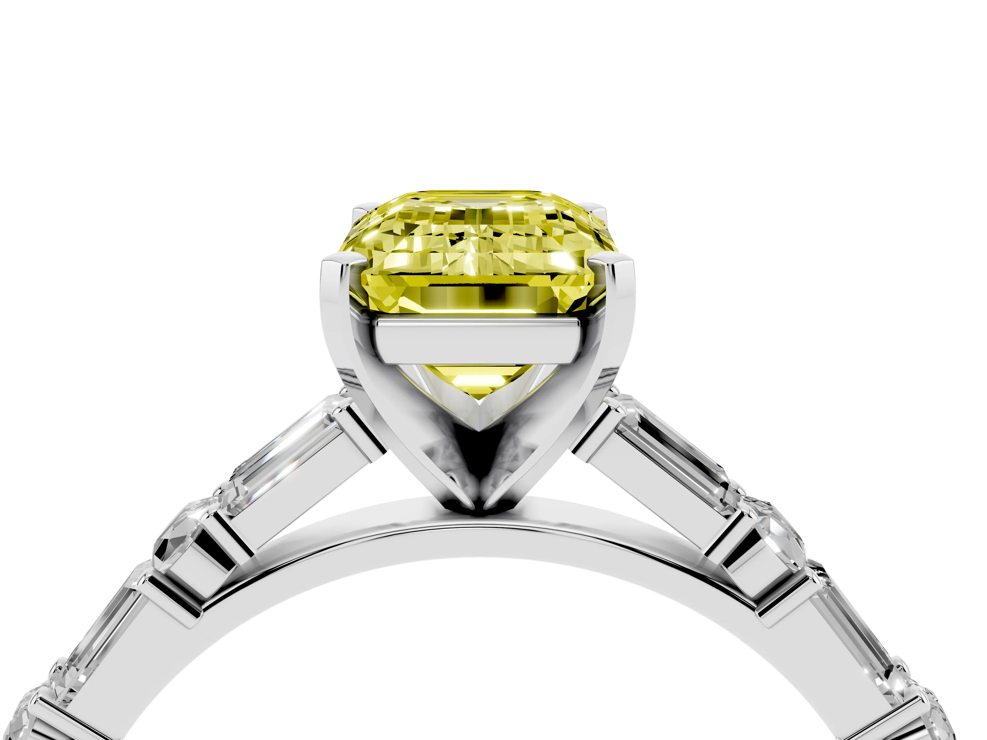Fancy Yellow Emerald Cut Diamond Solitaire Set in Platinum with Side Baguettes and Channel Set Band