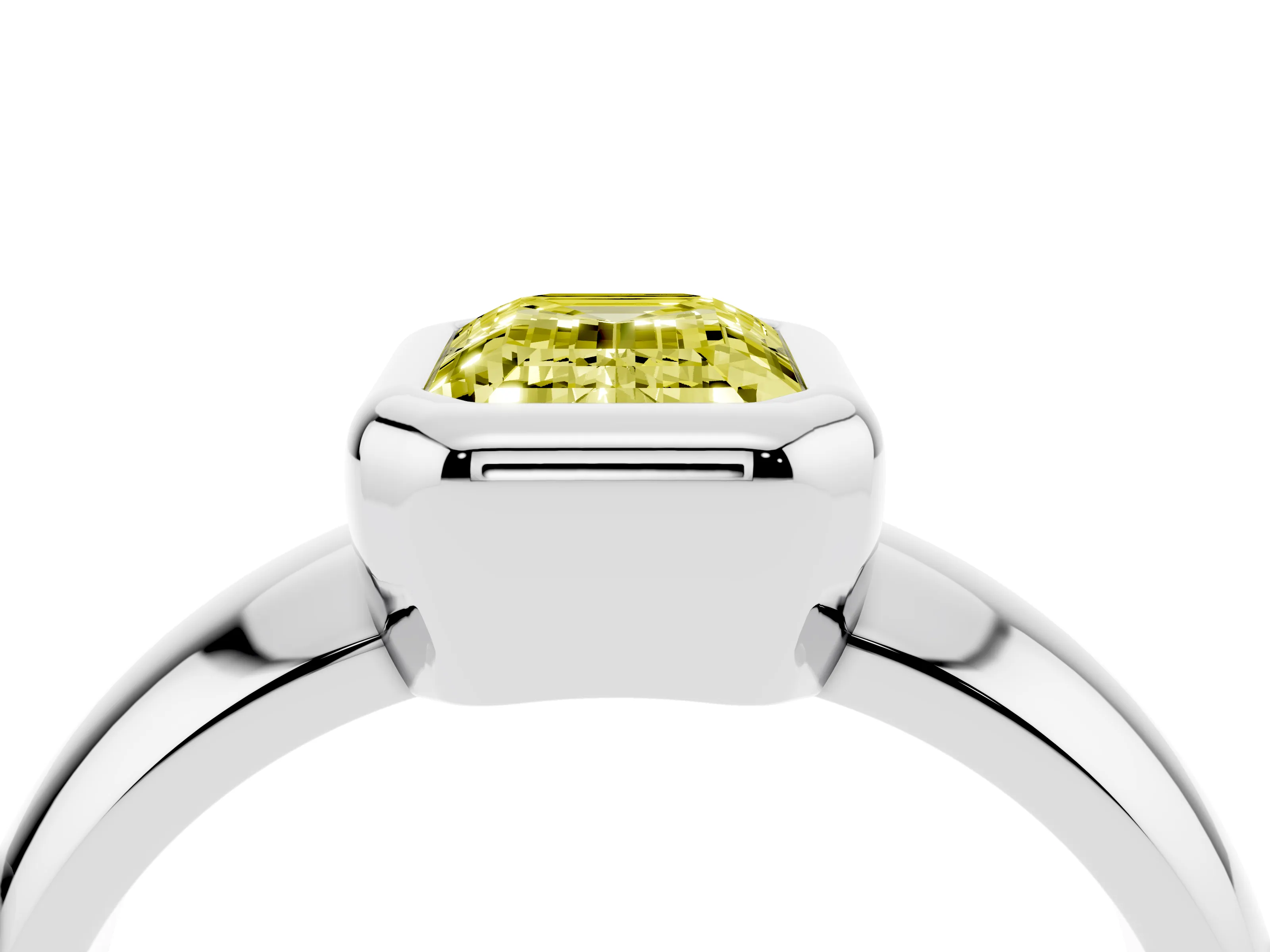 Fancy Yellow Bezel Set Emerald Cut Diamond Solitaire Ring Set in Silver with Wide Band
