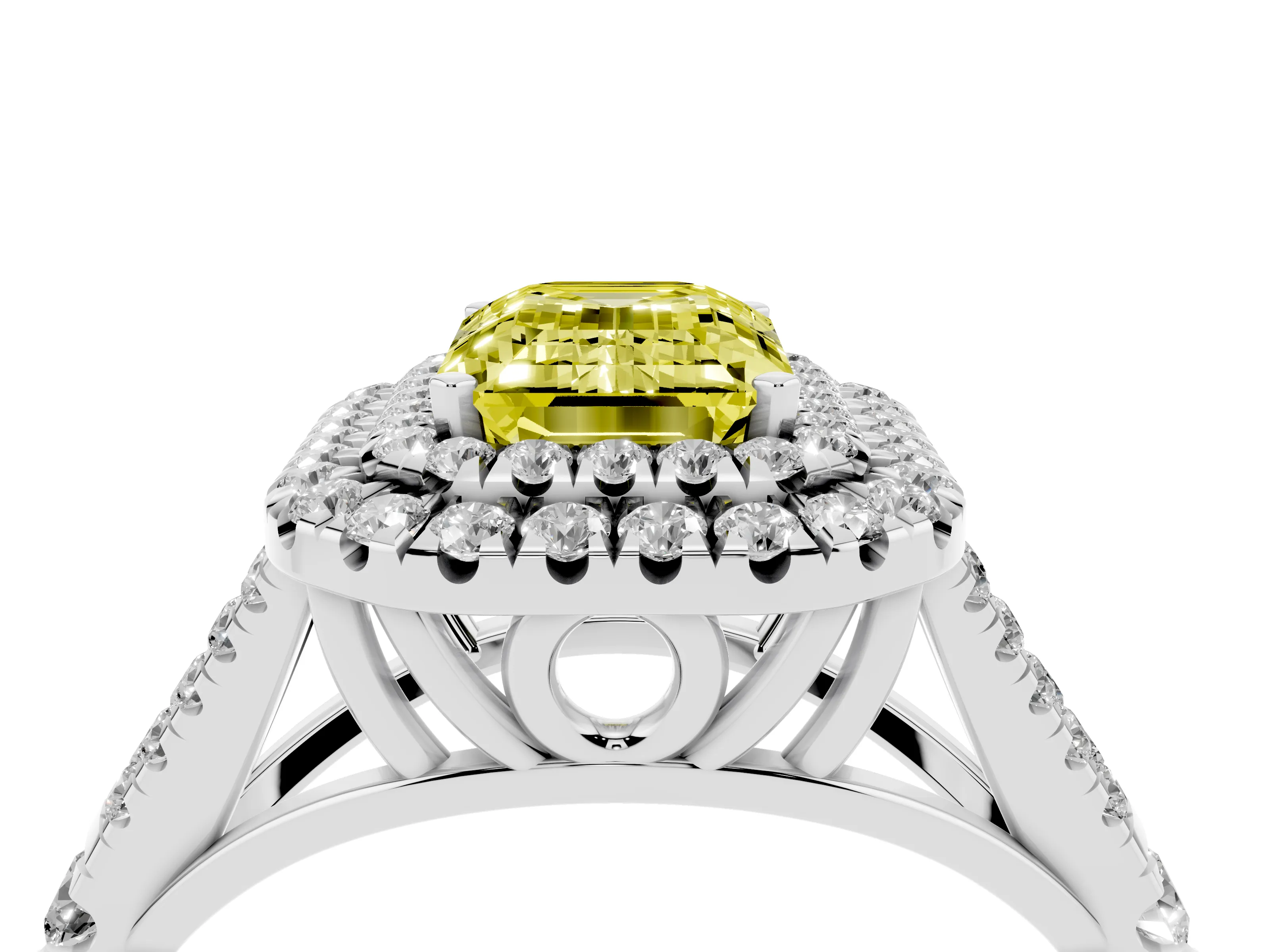 Fancy Yellow Emerald Cut Diamond Pavé Split Shank Double Halo Engagement Ring Set in Silver