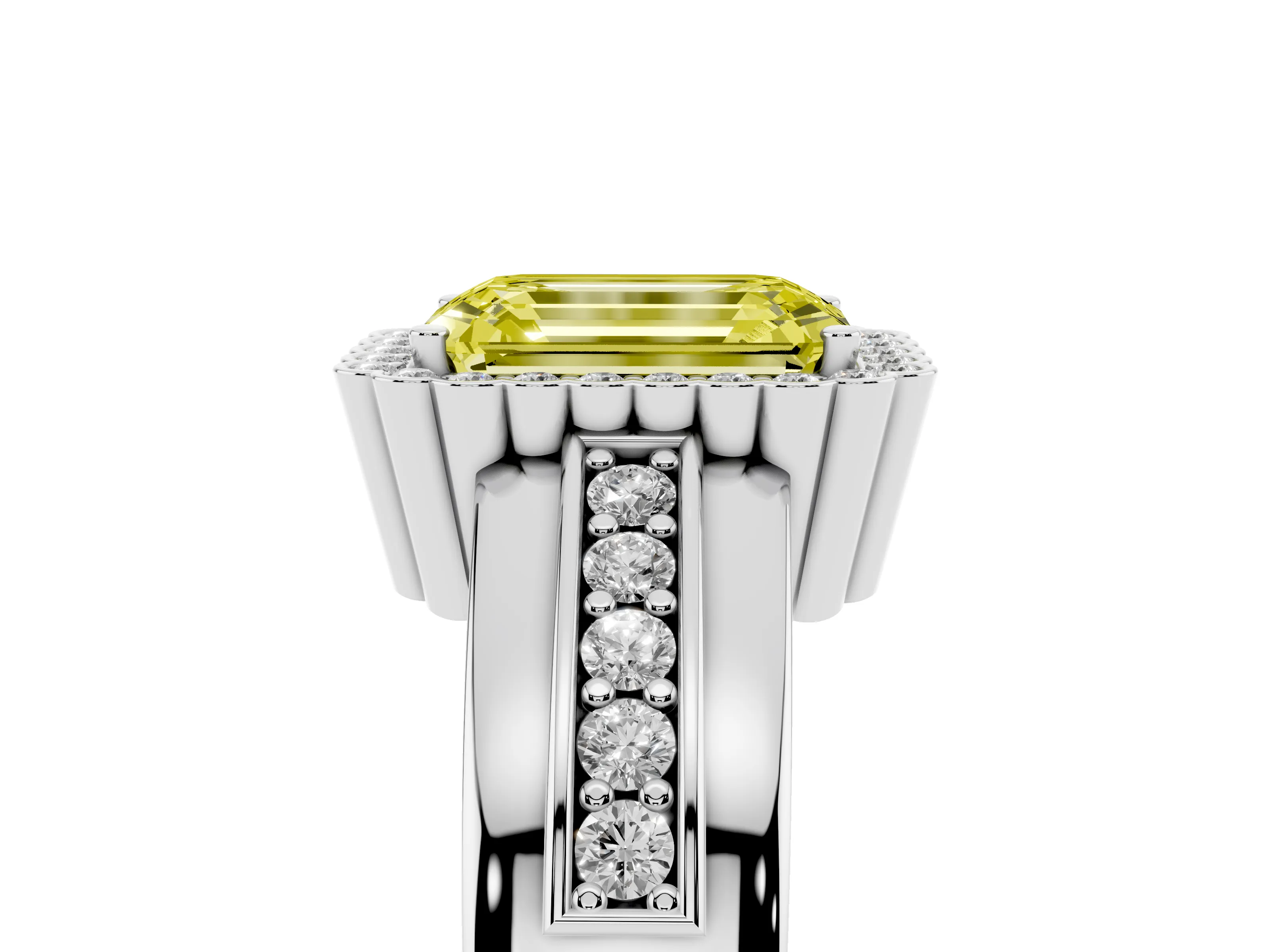 Fancy Yellow Emerald Cut Diamond Halo Prong Ring Set in Silver with Pavé Band