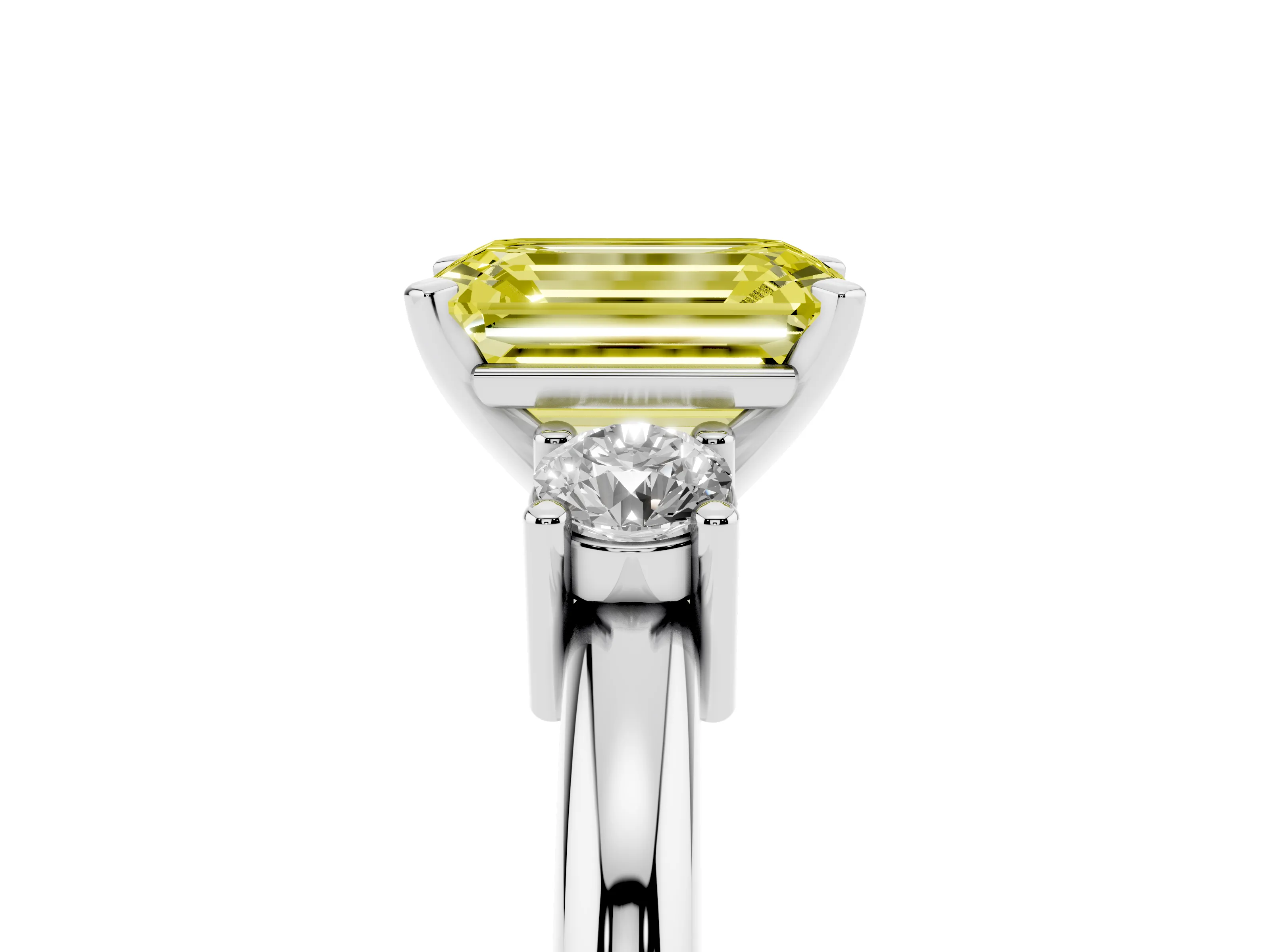 Fancy Yellow Three-Stone Emerald Cut Diamond Ring Set in Silver with Prong Setting and Plain Band