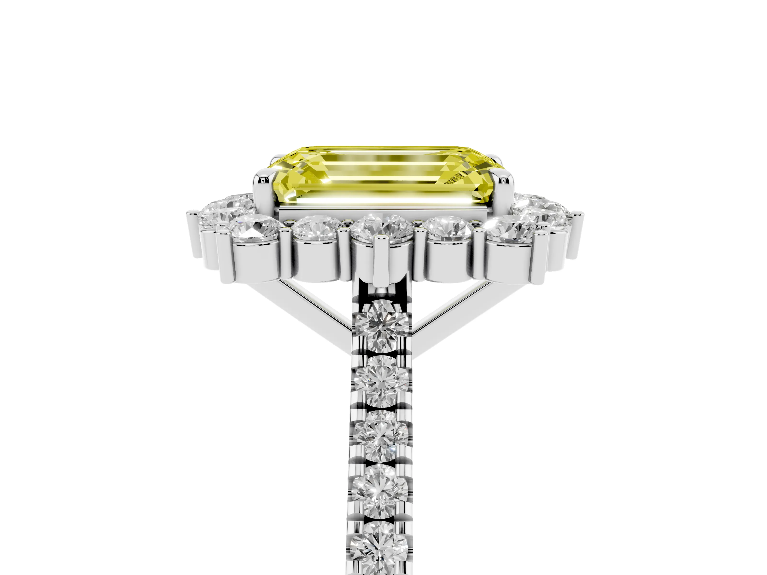 Fancy Yellow Emerald Cut Diamond Halo Ring Set in Platinum with Pavé Band and Prong Setting