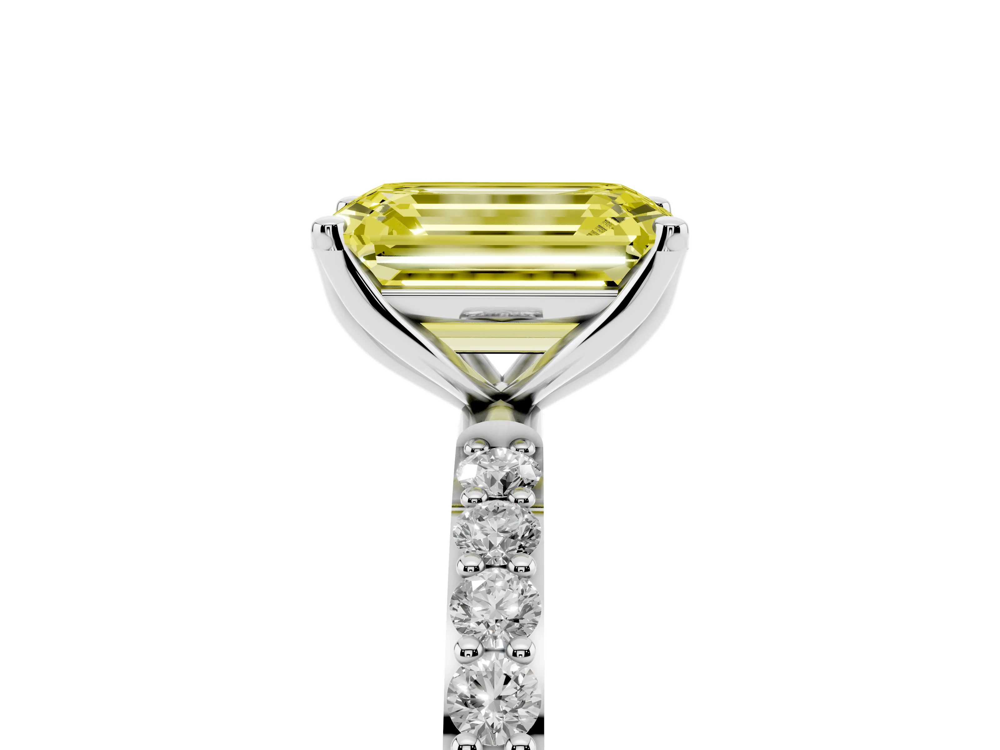 Fancy Yellow Emerald Cut Diamond Solitaire Engagement Ring Set in White gold with Round Pavé Band and Prong Setting