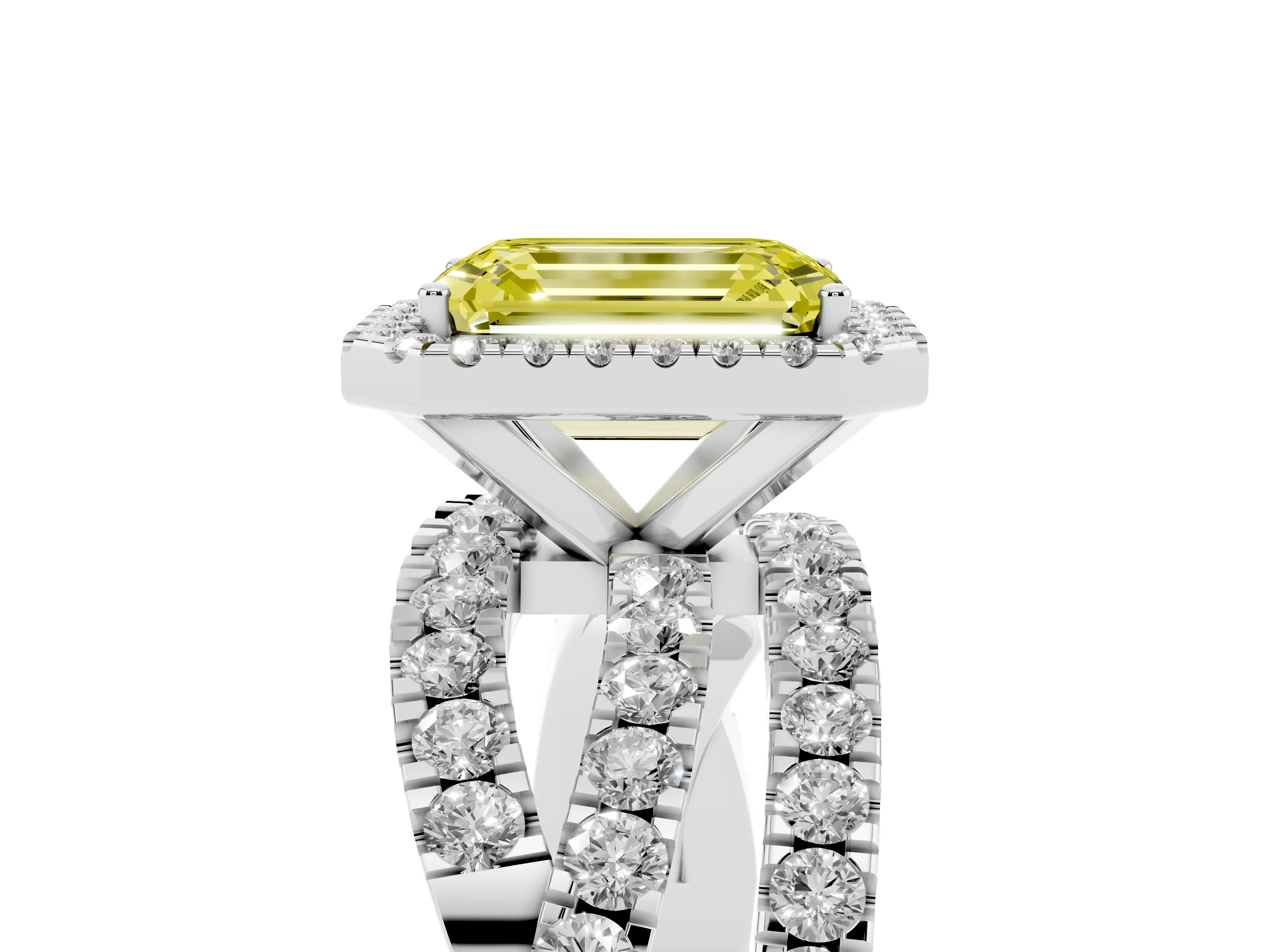 Fancy Yellow Emerald Cut Diamond Halo Ring Set in Platinum with Round Crossover Split Shank and Prong Setting