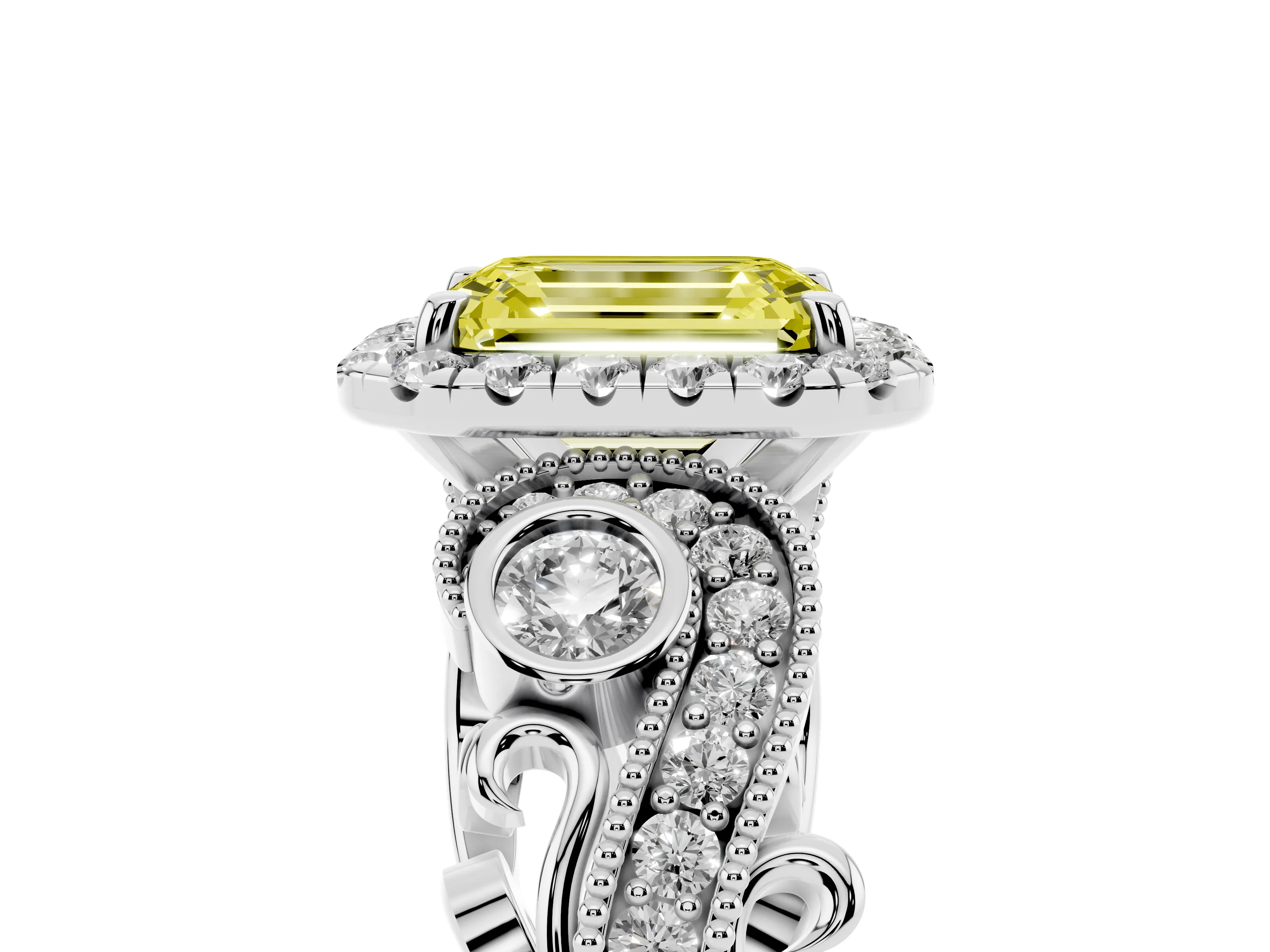 Fancy Yellow Emerald Cut Diamond Halo Ring Set in Silver with Milgrain Pavé Band and Prong Setting