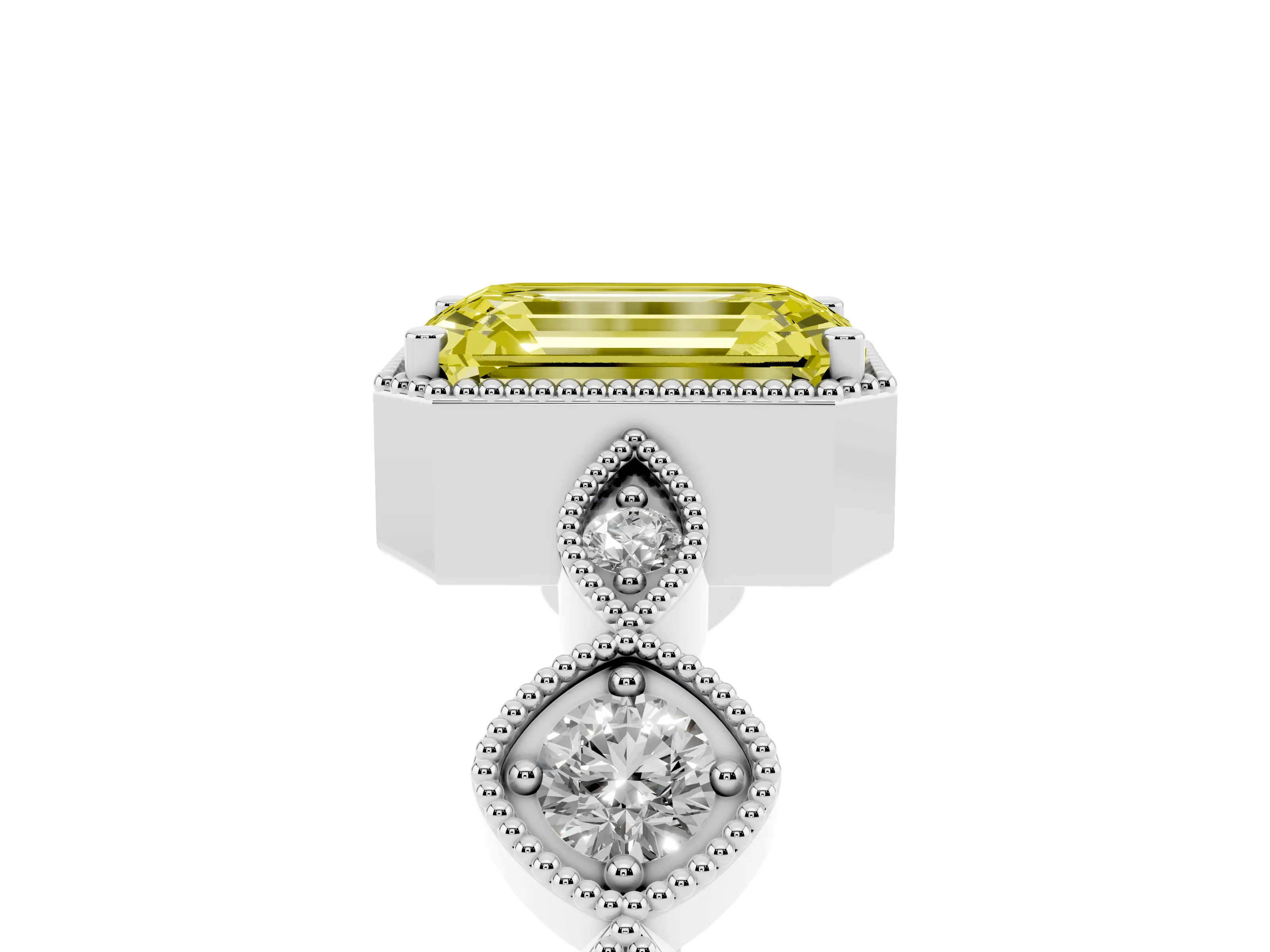 Fancy Yellow Emerald Cut Diamond Vintage-Inspired Milgrain Ring Set in Platinum with Marquise Stations of Round Accents
