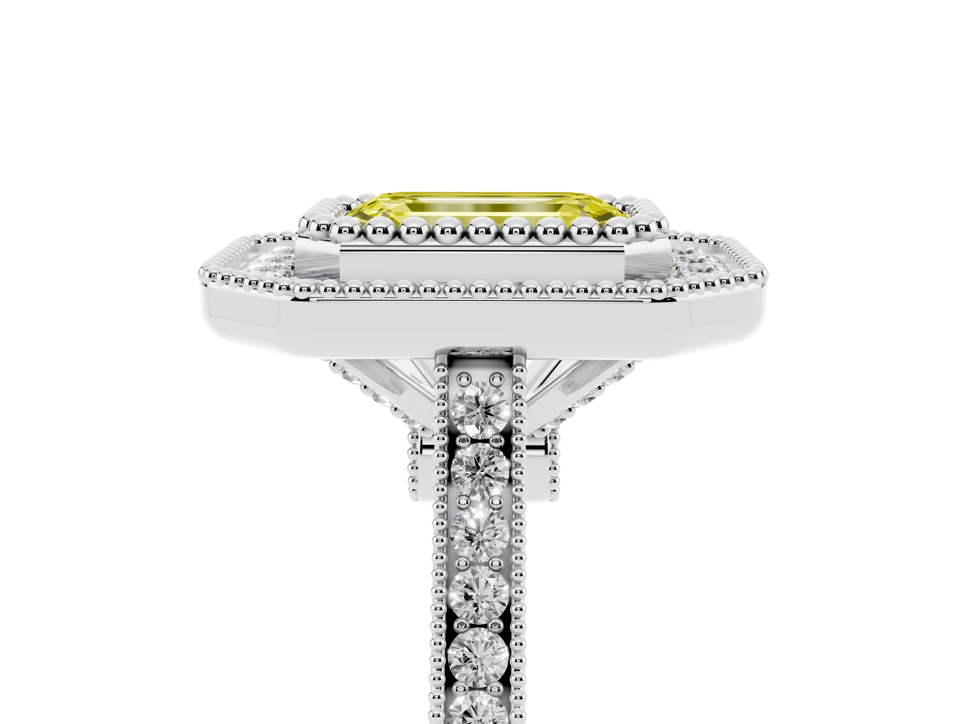 Fancy Yellow Emerald Cut Diamond Halo Ring Set in White gold with Milgrain Frame and Pavé Band