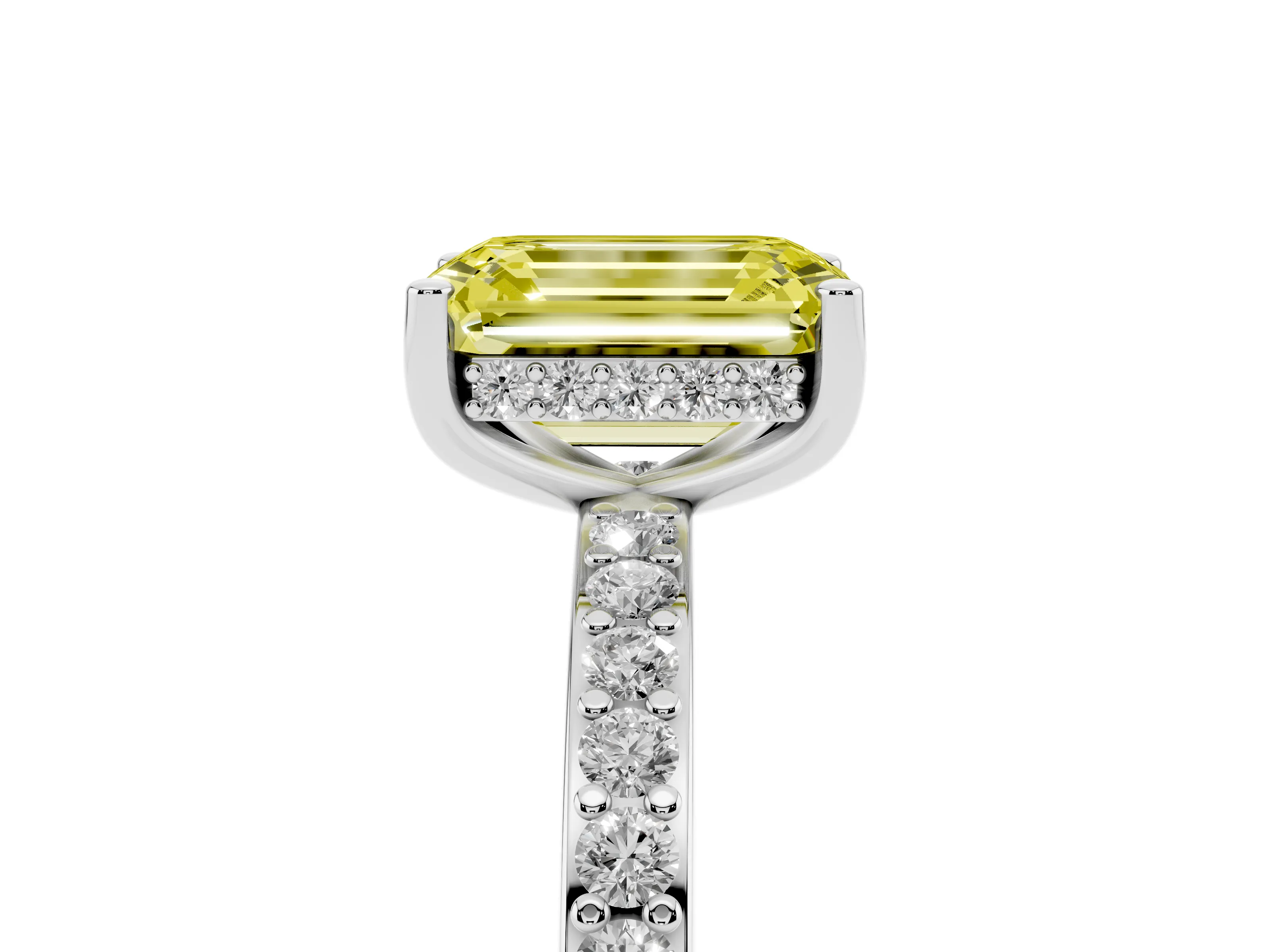 Fancy Yellow Emerald Cut Diamond Pavé Band Ring Set in Silver with Prong-Set Center Stone