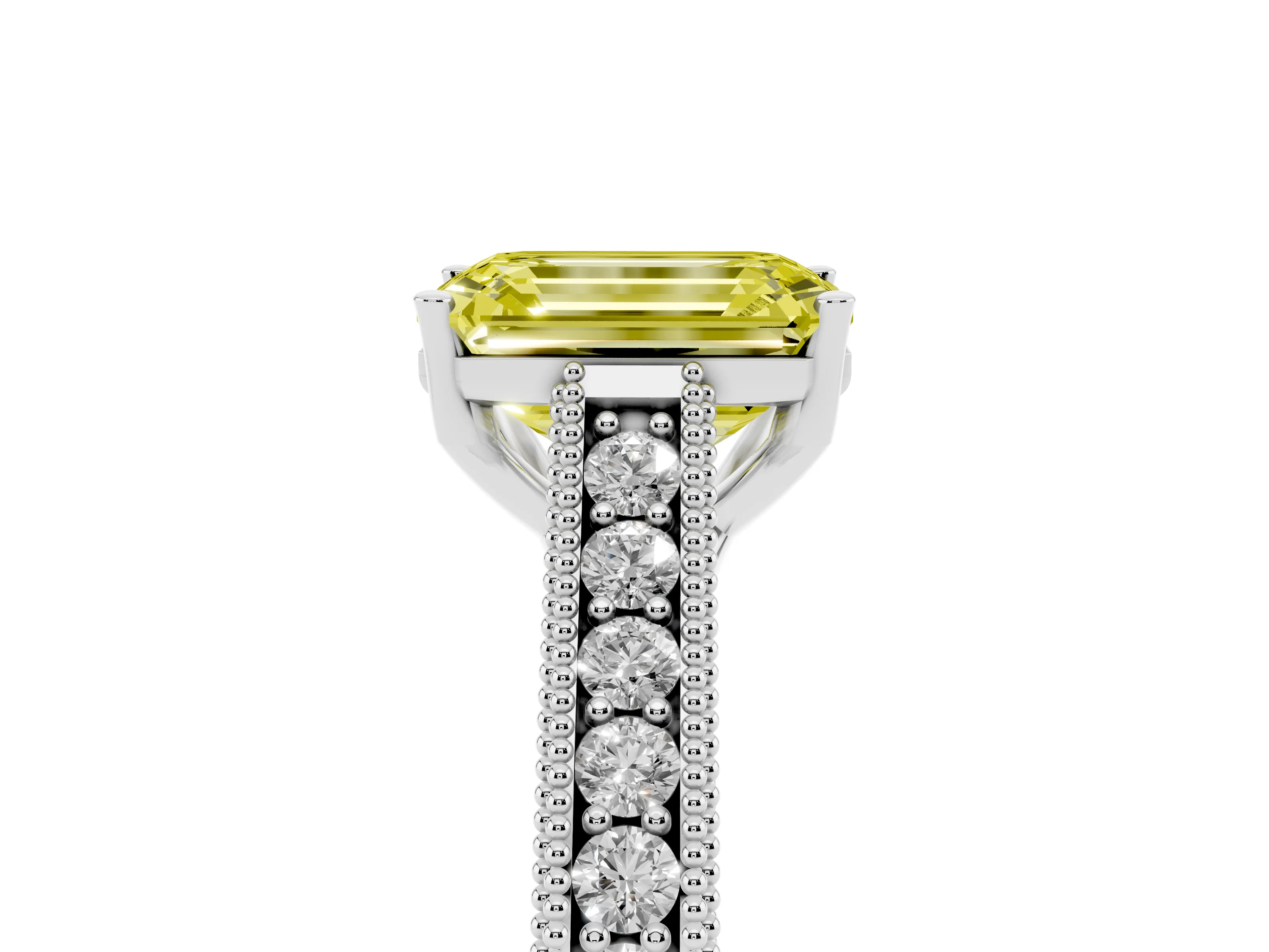 Fancy Yellow Emerald Cut Diamond Milgrain Pavé Band Solitaire Ring Set in Silver with Prong Setting