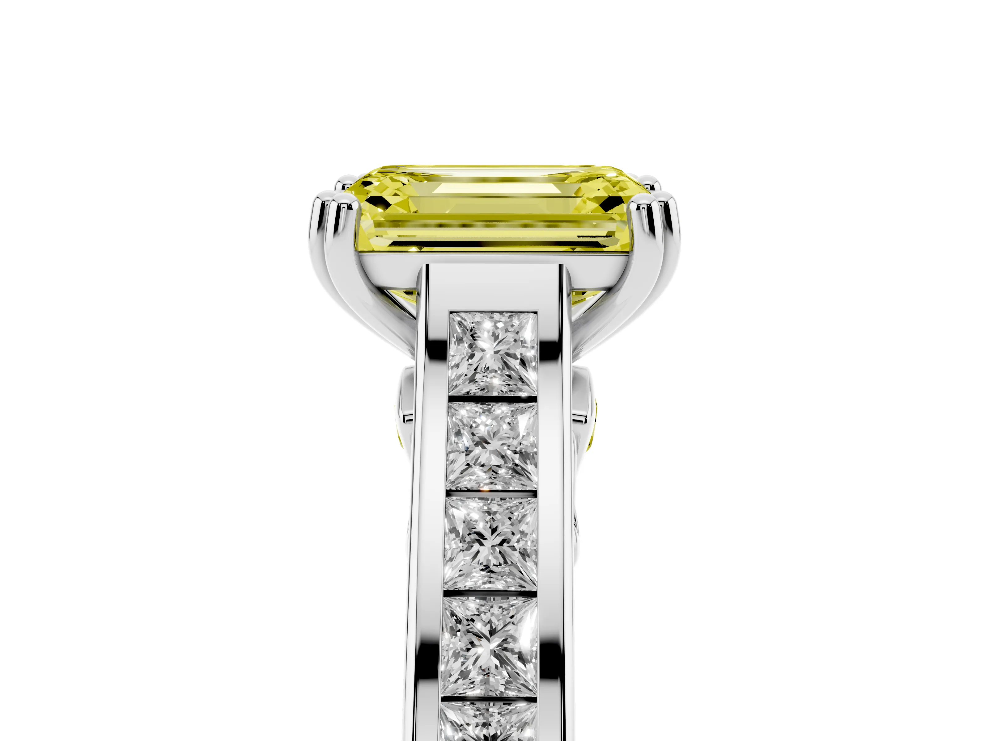 Fancy Yellow Emerald Cut Diamond Channel Set Solitaire Engagement Ring Set in Platinum with Prong Setting