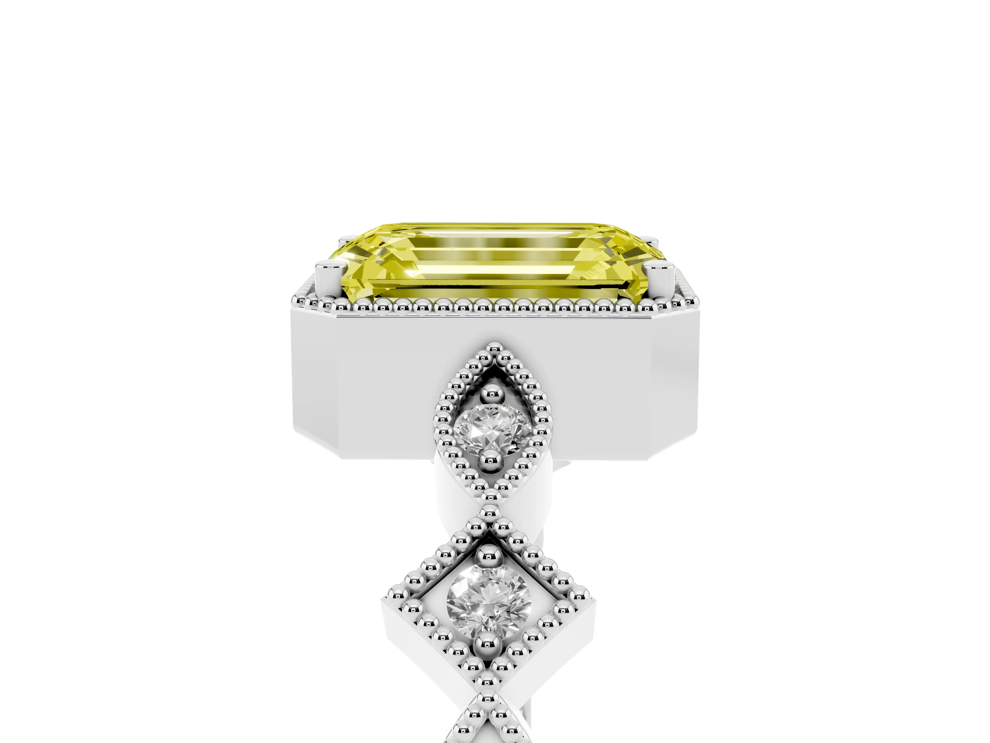 Fancy Yellow Emerald Cut Diamond Milgrain Marquise Twist Band Ring Set in Silver with Prong Setting