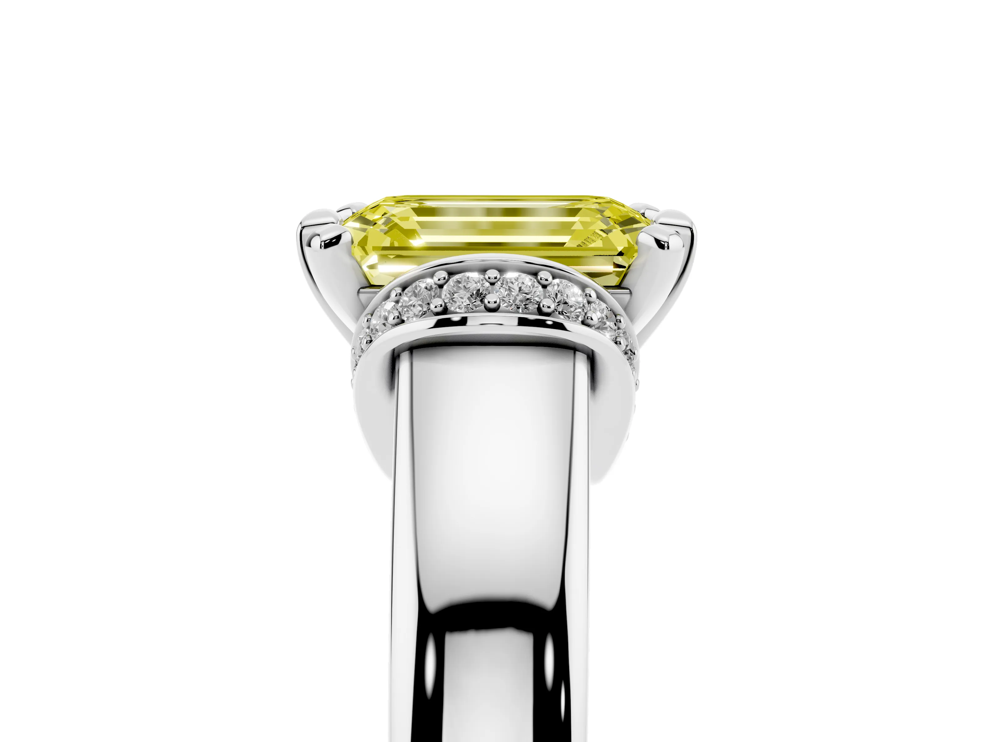Fancy Yellow Emerald Cut Diamond Pavé Band Solitaire Ring Set in White gold with Prong Setting