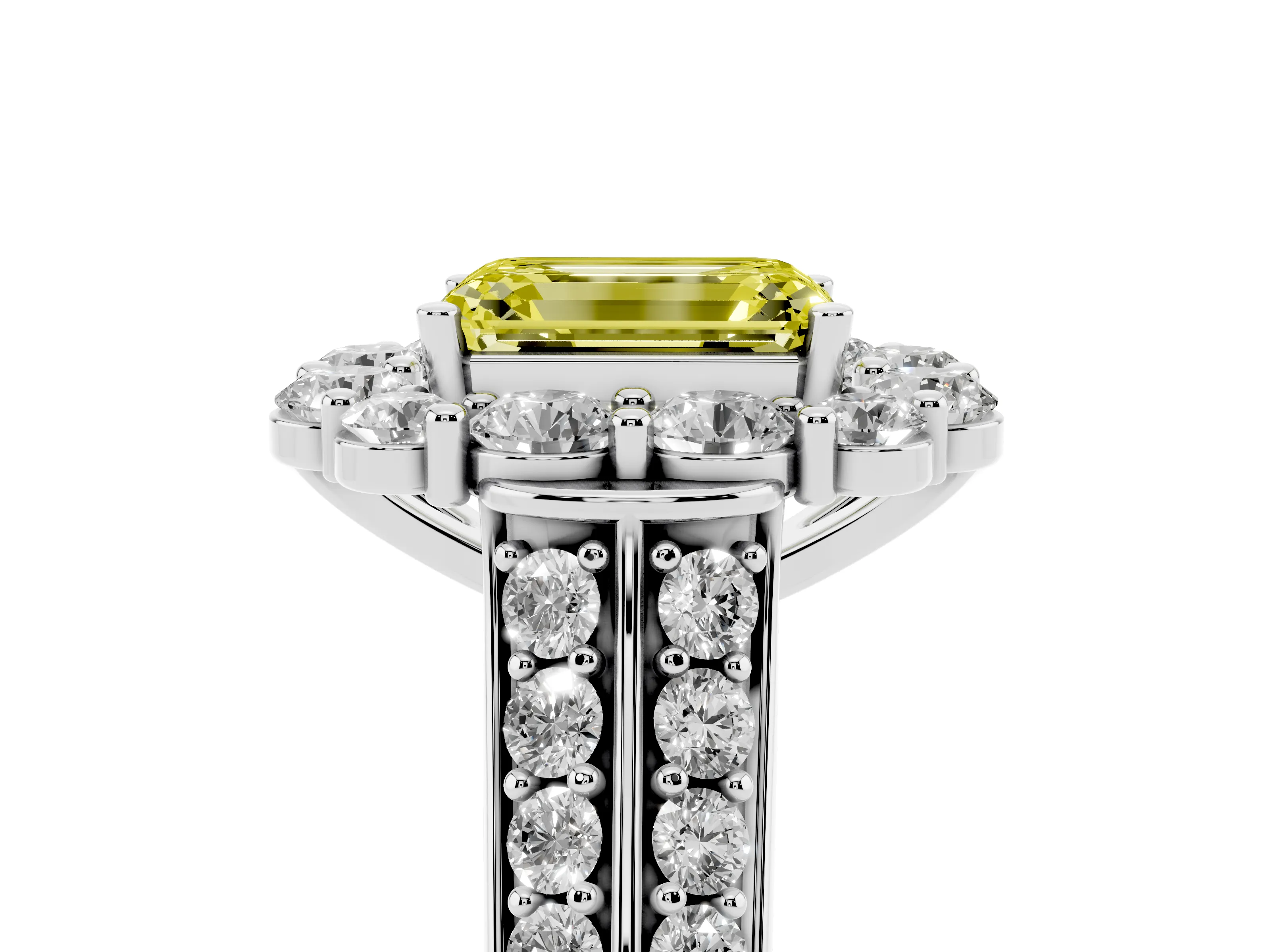 Fancy Yellow Emerald Cut Diamond Halo Engagement Ring Set in Silver with Split Shank and Prong Setting