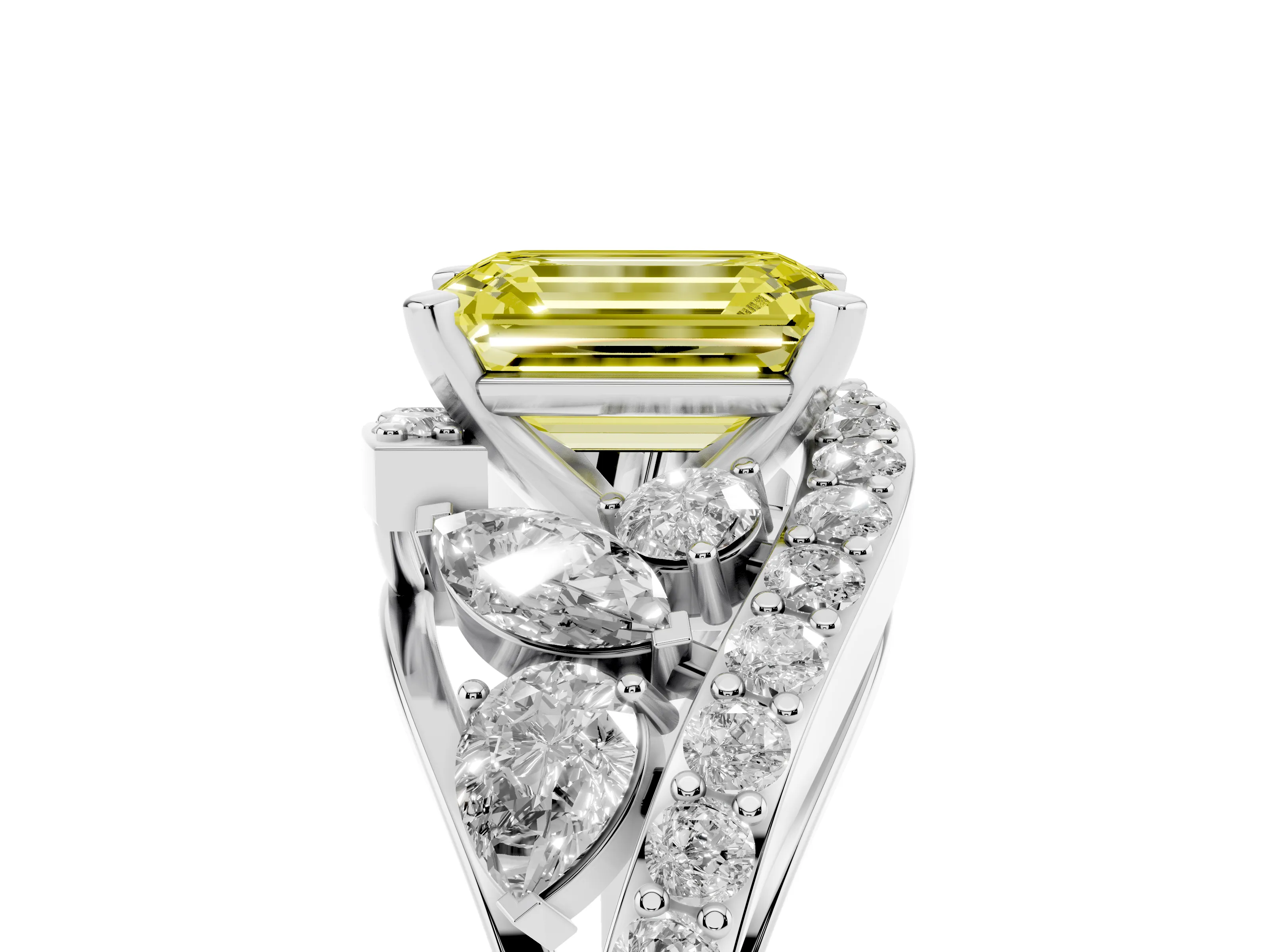 Fancy Yellow Emerald Cut Diamond Halo Ring Set in White gold with Marquise and Pavé Band in Prong Setting