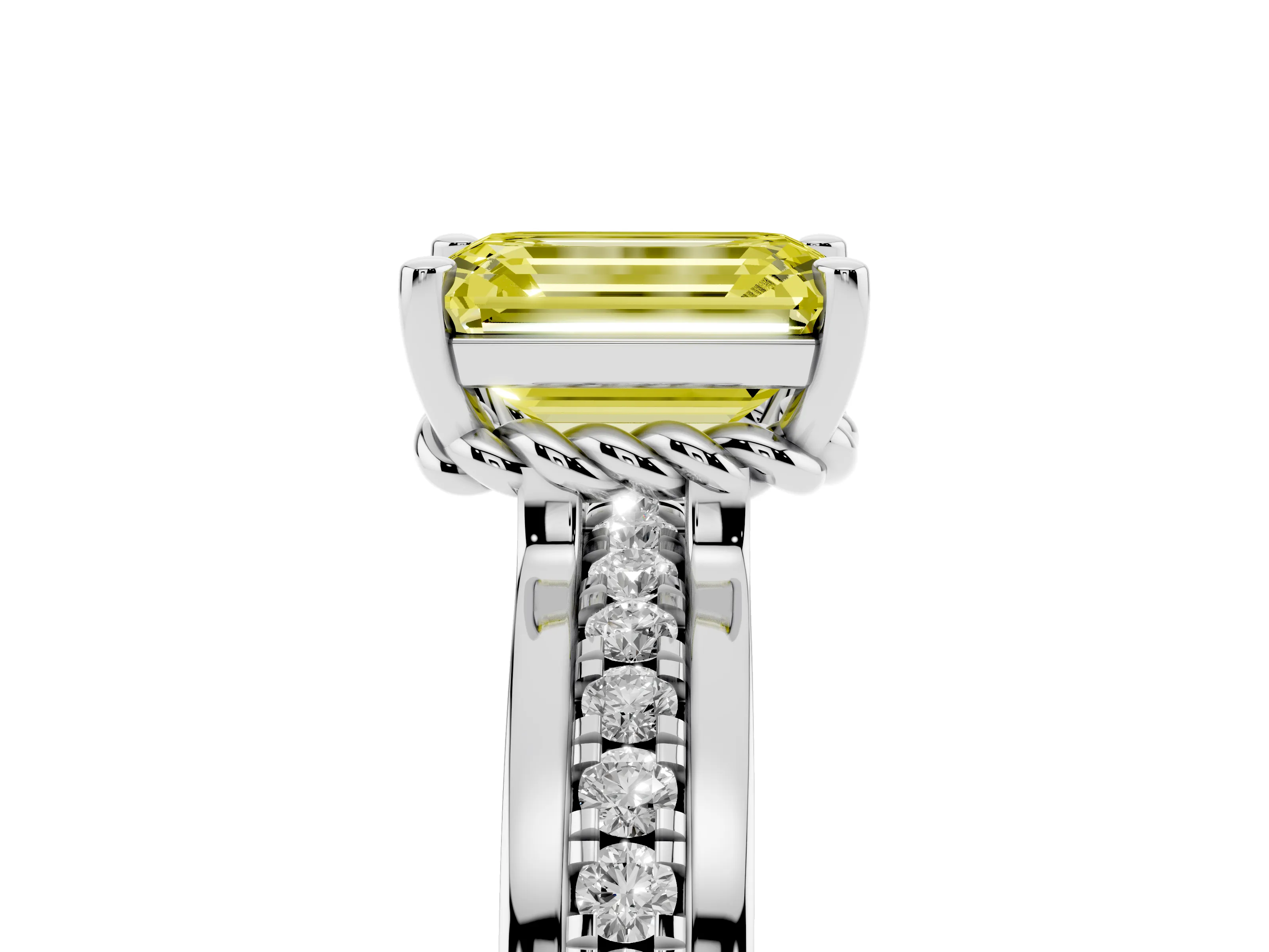 Fancy Yellow Emerald Cut Diamond Solitaire Ring Set in Silver with Channel Set Band and Prong Setting