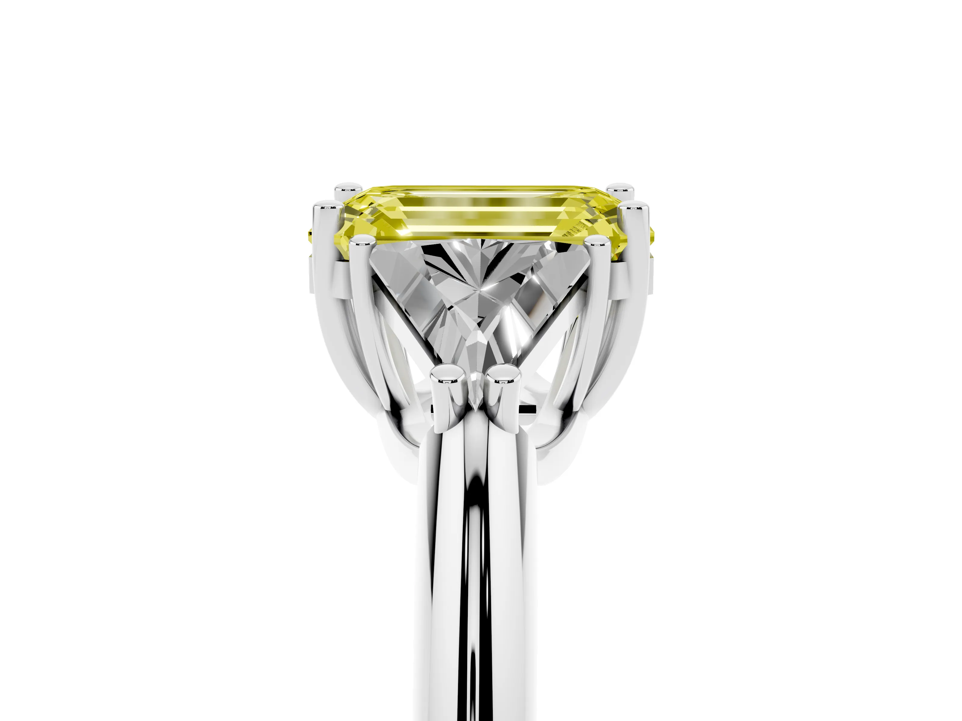 Fancy Yellow Emerald Cut Diamond Three-Stone Engagement Ring Set in Platinum with Trillion Side Stones