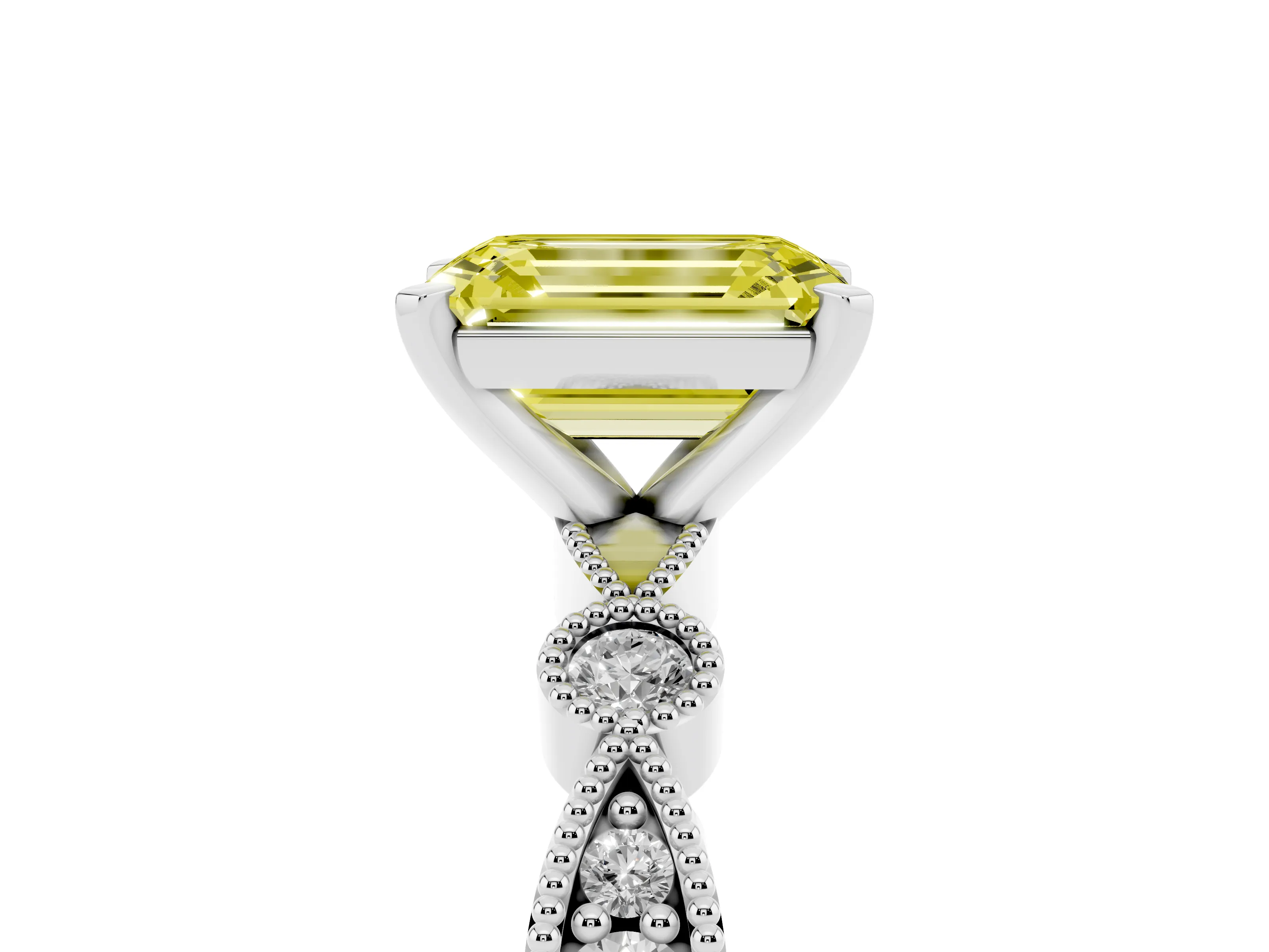 Fancy Yellow Emerald Cut Diamond Solitaire Engagement Ring Set in White gold with Milgrain Bezel Accent Band