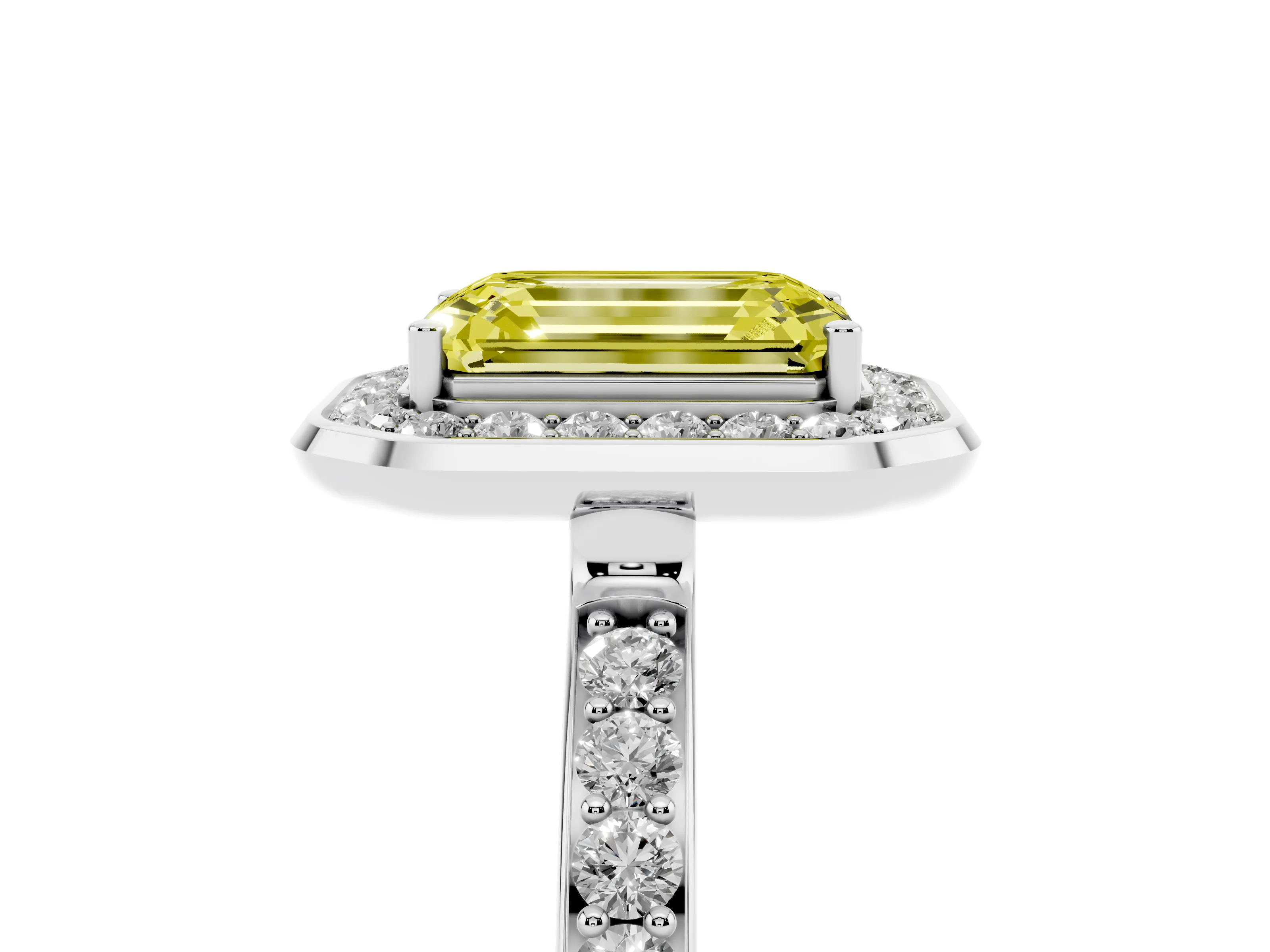 Fancy Yellow Emerald Cut Diamond Halo Ring Set in Silver with Bezel Frame and Pavé Band