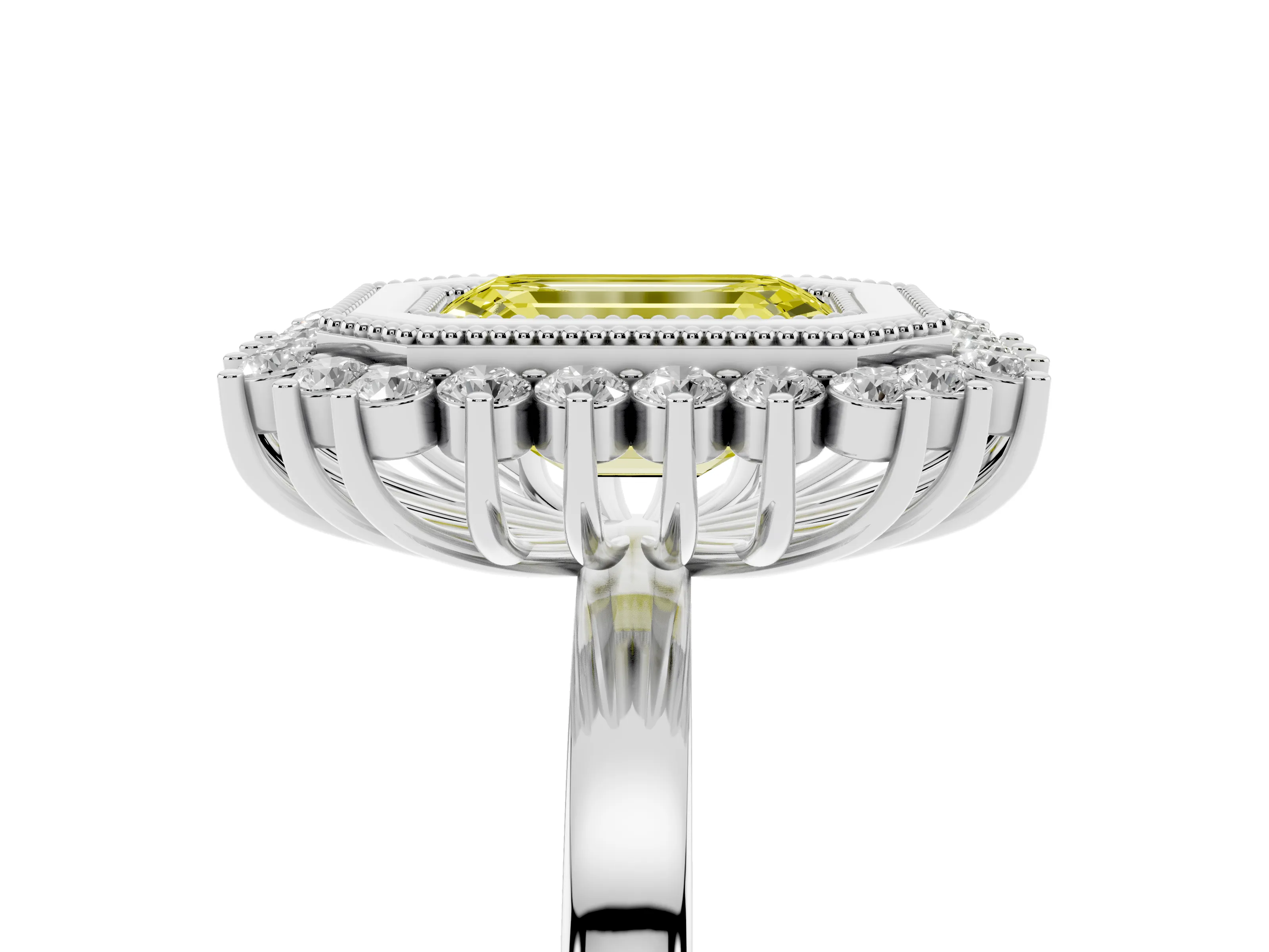 Fancy Yellow Emerald Cut Diamond Halo Ring Set in Platinum with Milgrain Edge and Round Prong Setting