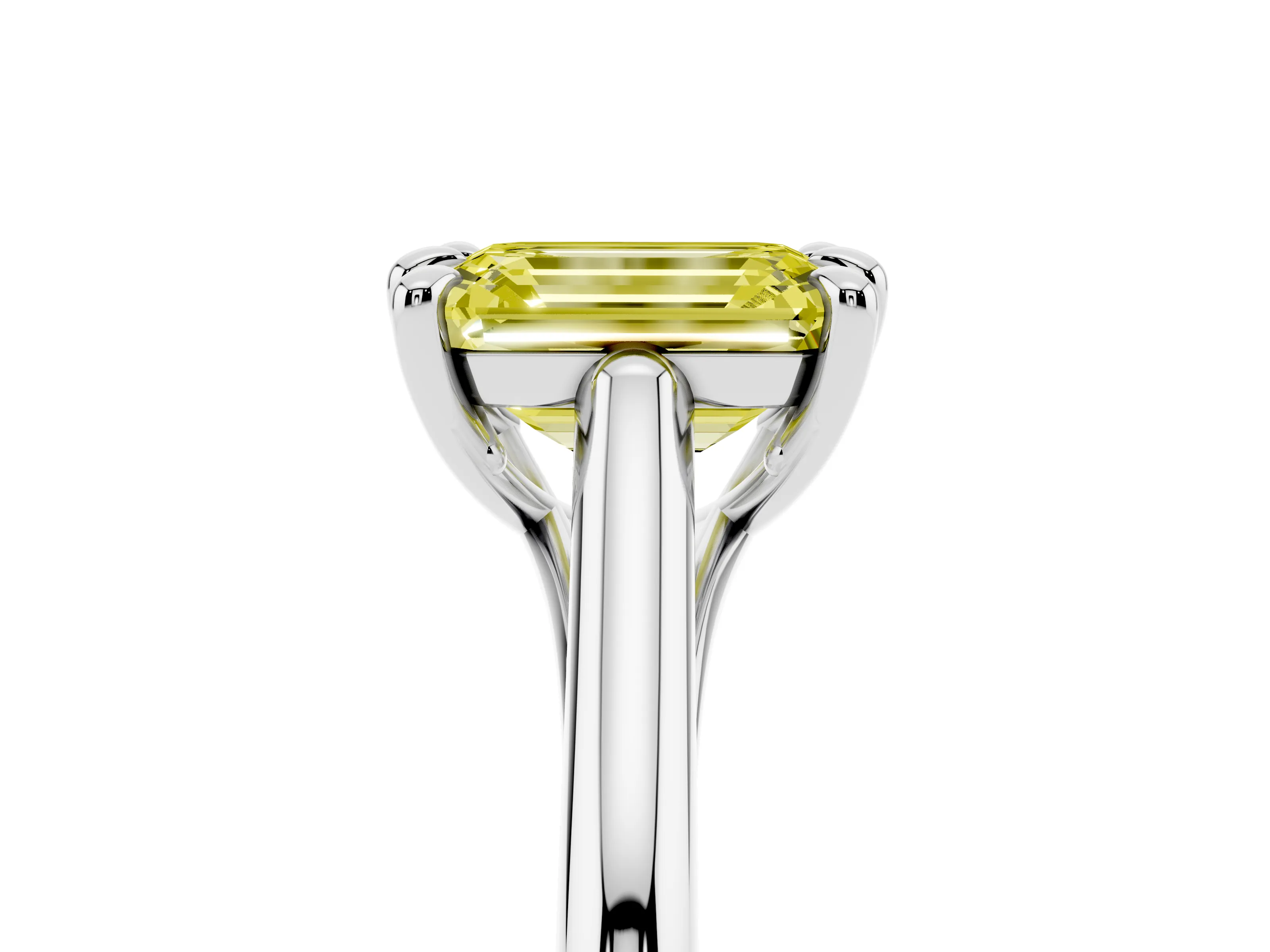 Fancy Yellow Emerald Cut Diamond Solitaire Engagement Ring Set in Platinum with Prong Setting and Plain Classic Band