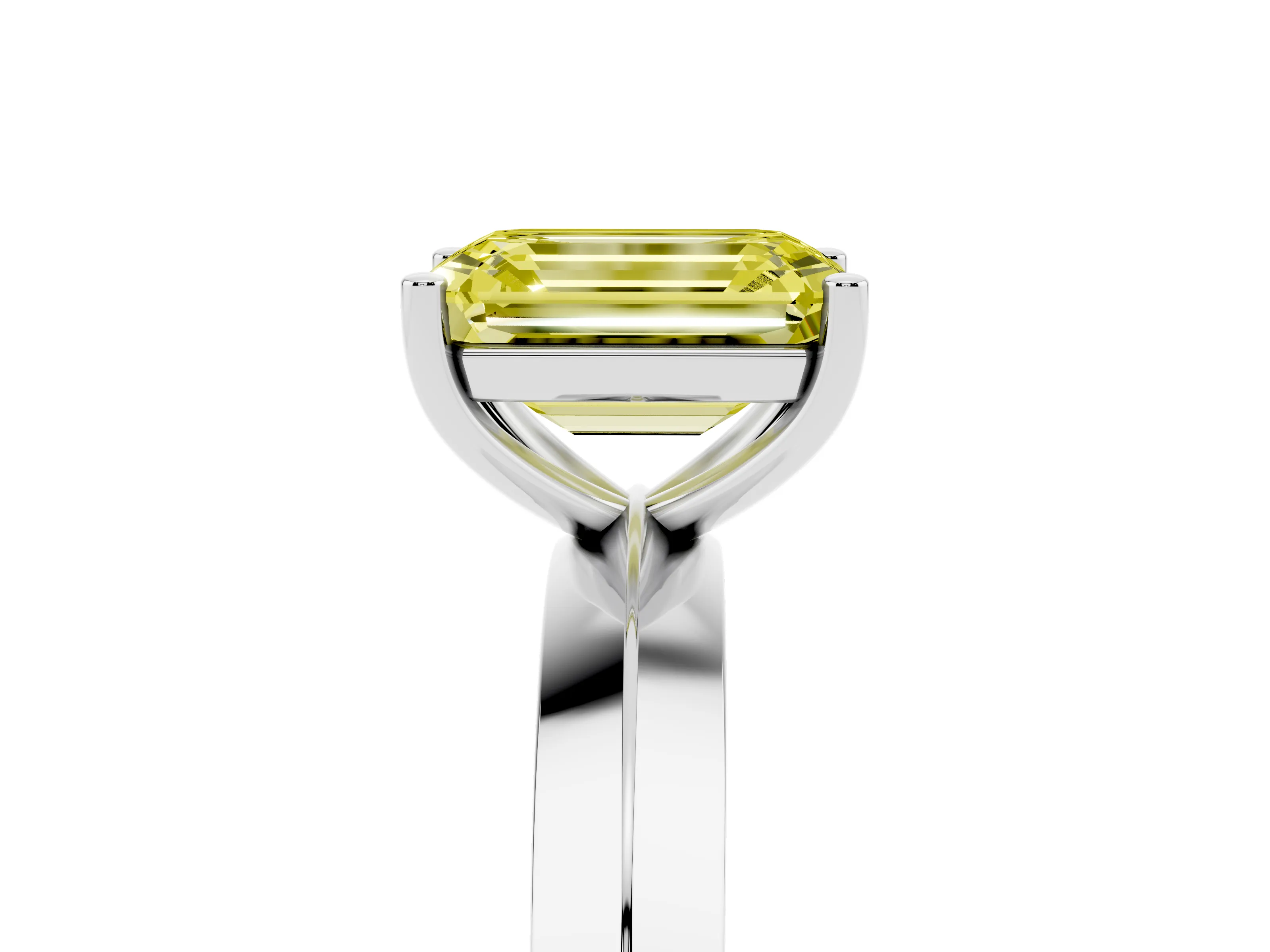 Fancy Yellow Emerald Cut Diamond Solitaire Engagement Ring Set in Platinum with Flat Band and Prong Setting