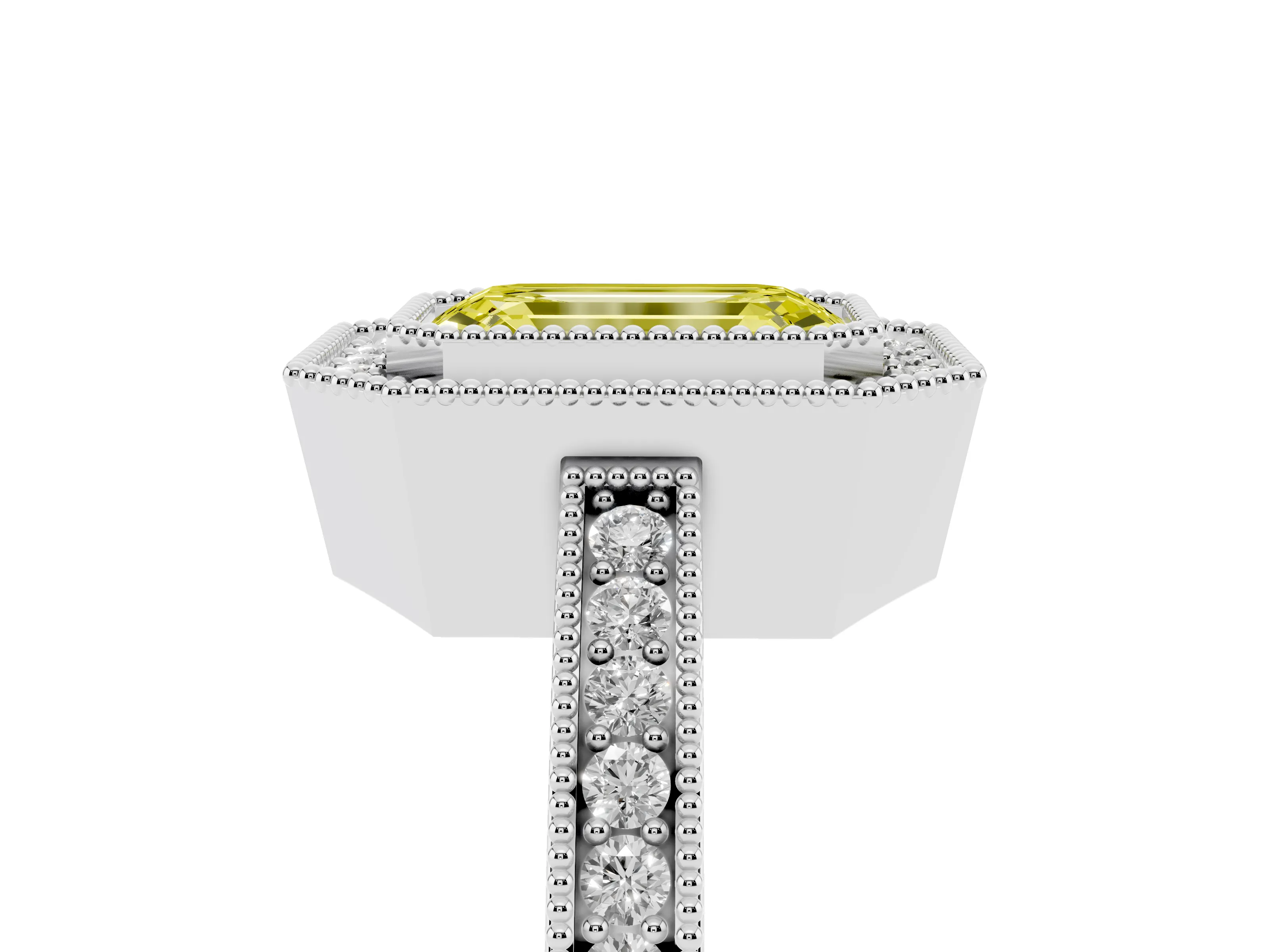 Fancy Yellow Emerald Cut Diamond Round Halo Ring Set in White gold with Pavé Band