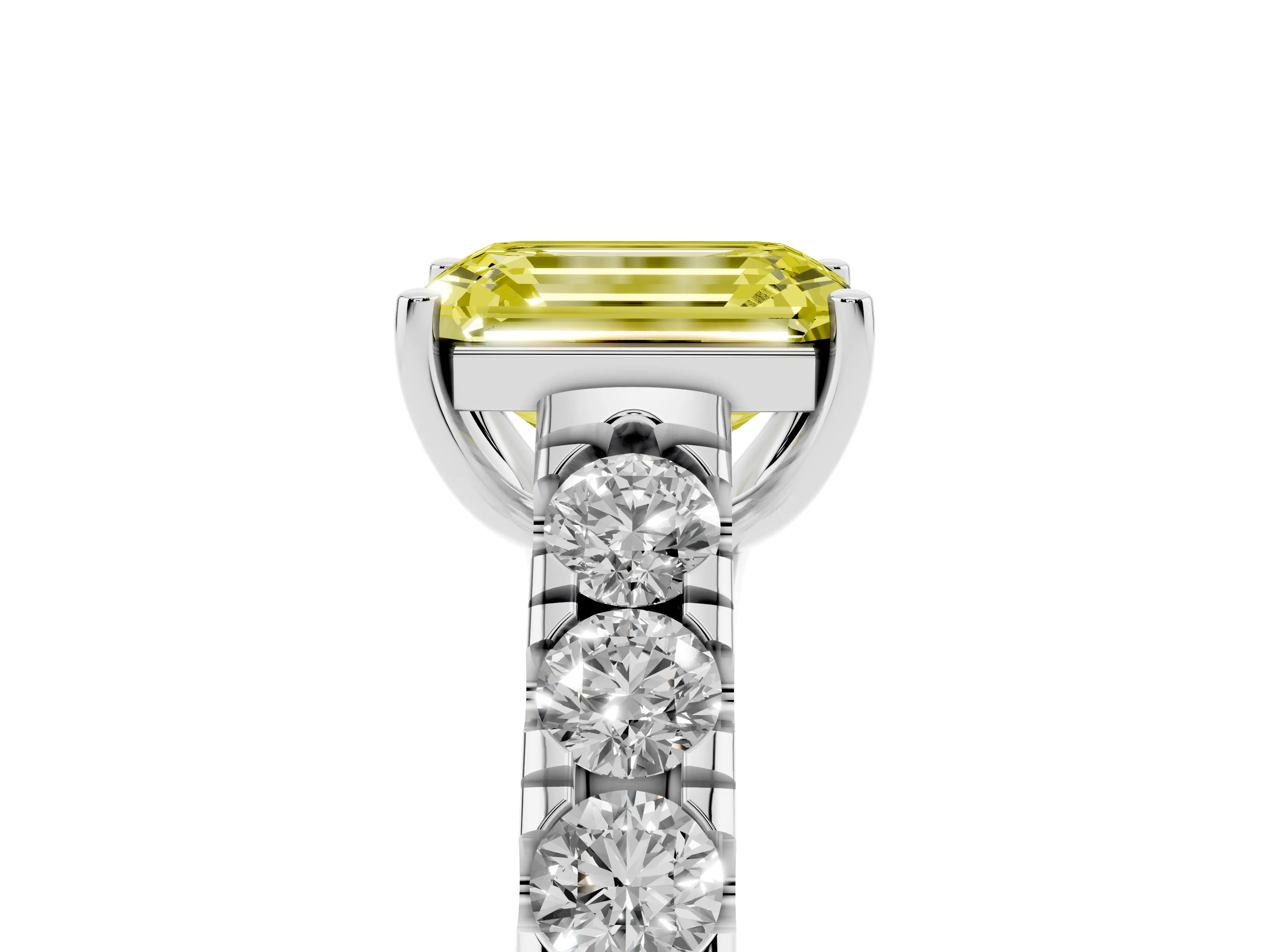 Fancy Yellow Emerald Cut Diamond Solitaire Ring Set in Silver with Cut-Down Micro Pavé Band and Prong Setting