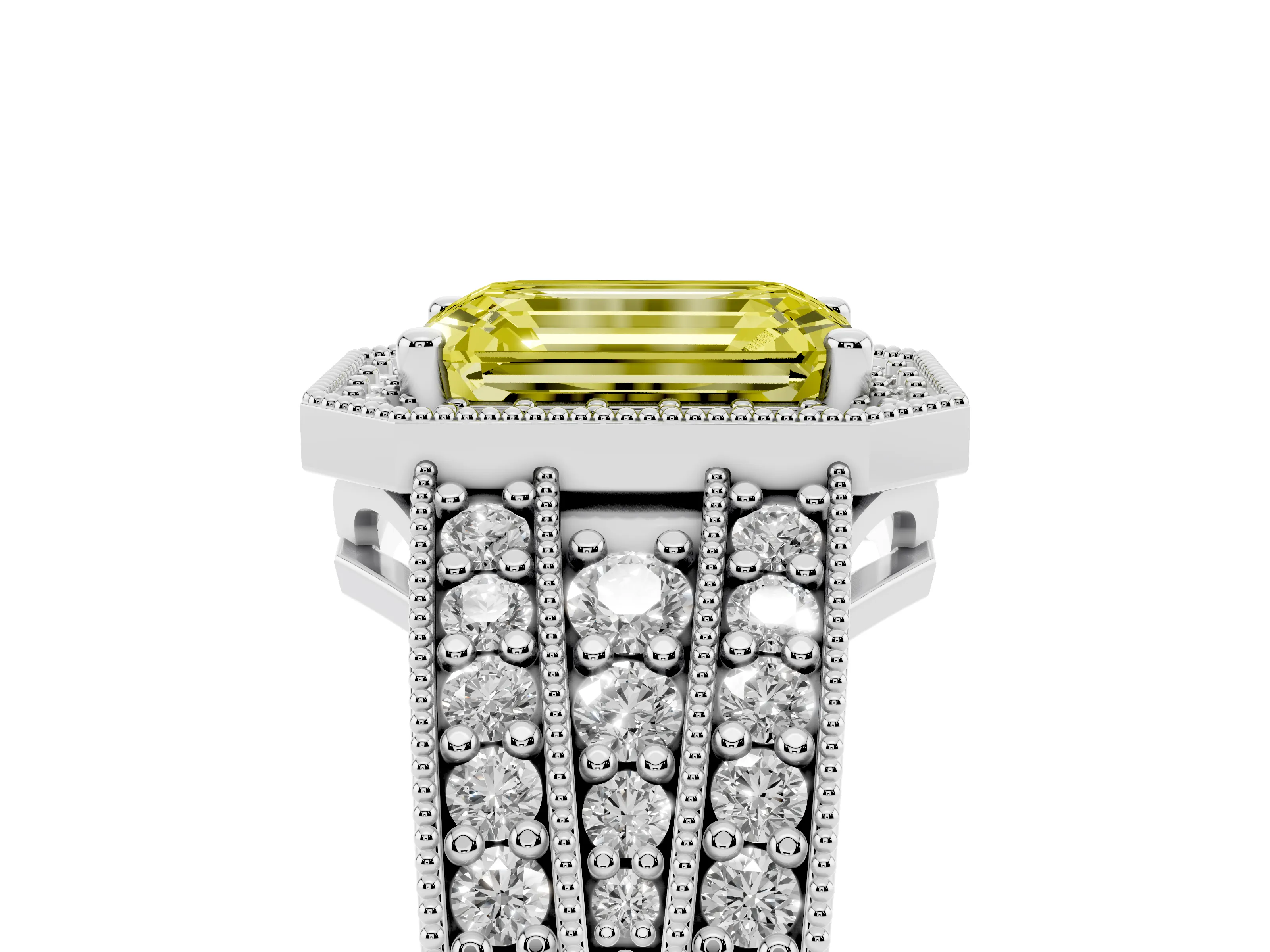 Fancy Yellow Emerald Cut Diamond Halo Ring Set in Platinum with Accent Split Shank and Prong Setting