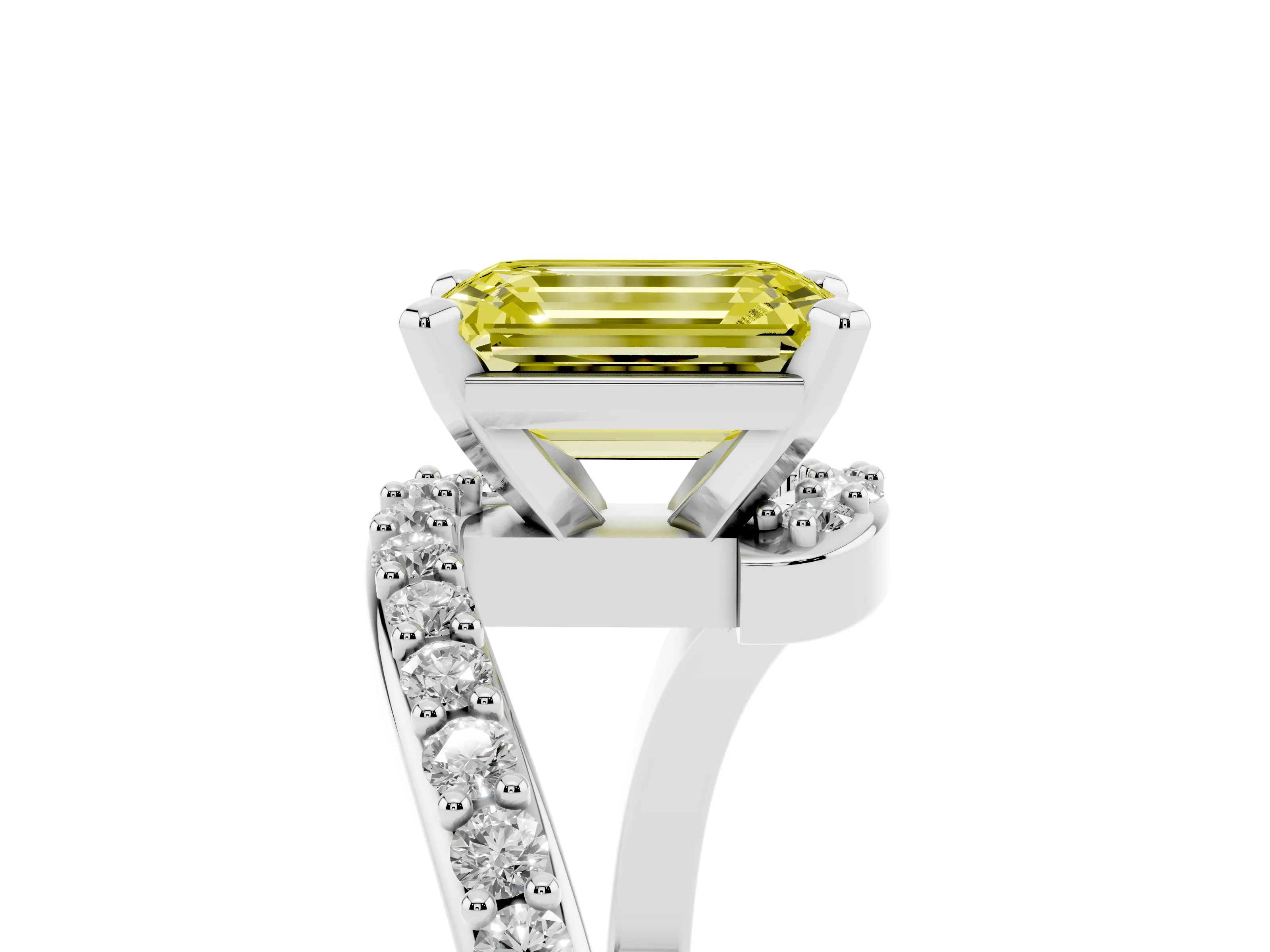Fancy Yellow Emerald Cut Diamond Solitaire Ring Set in Platinum with Pavé Twist Band and Prong Setting