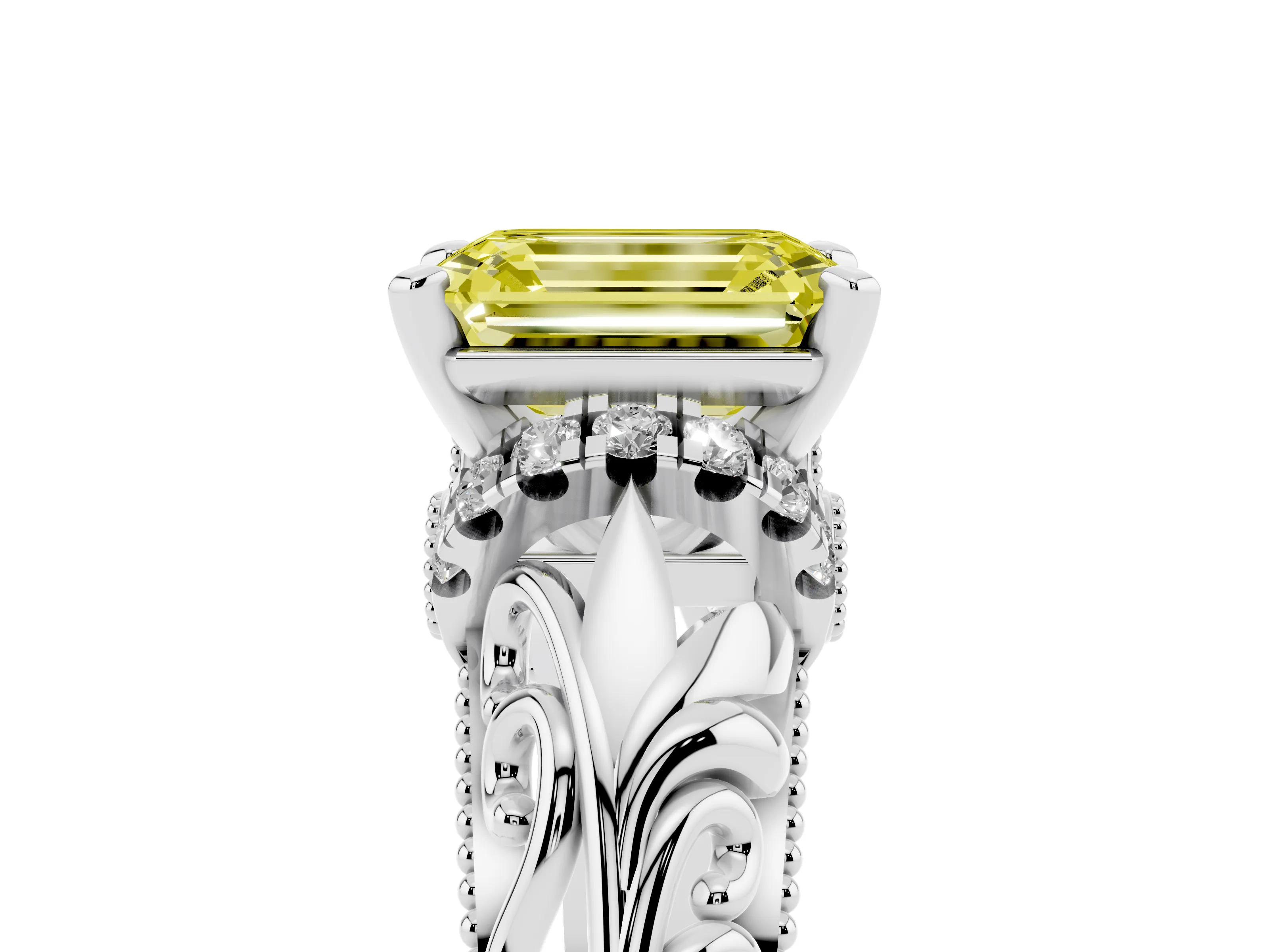 Fancy Yellow Emerald Cut Diamond Filigree Halo Engagement Ring Set in White gold with Prong Setting