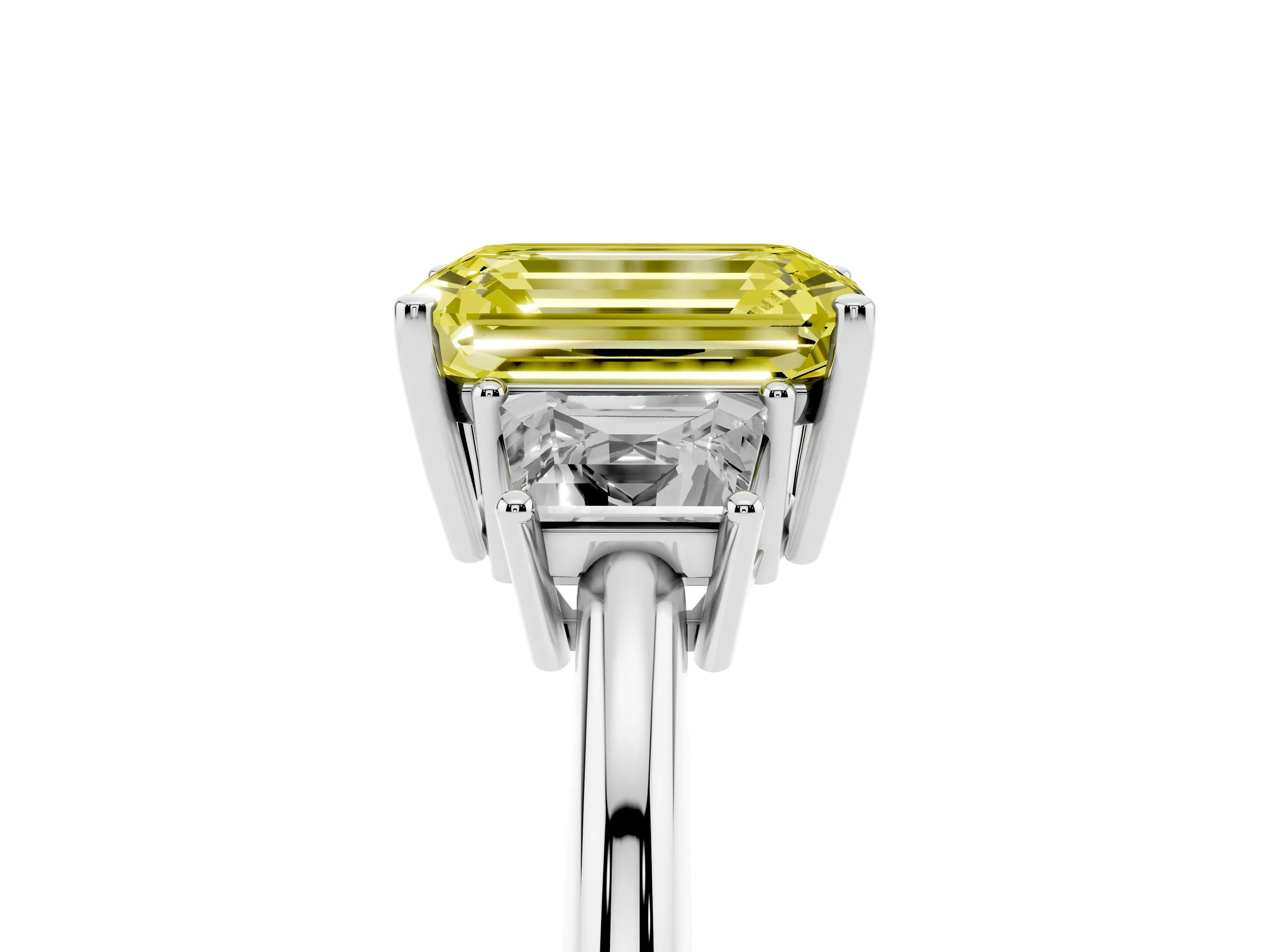 Fancy Yellow Emerald Cut Diamond Three-Stone Ring Set in Silver with Trapezoid Side Stones and Prong Setting