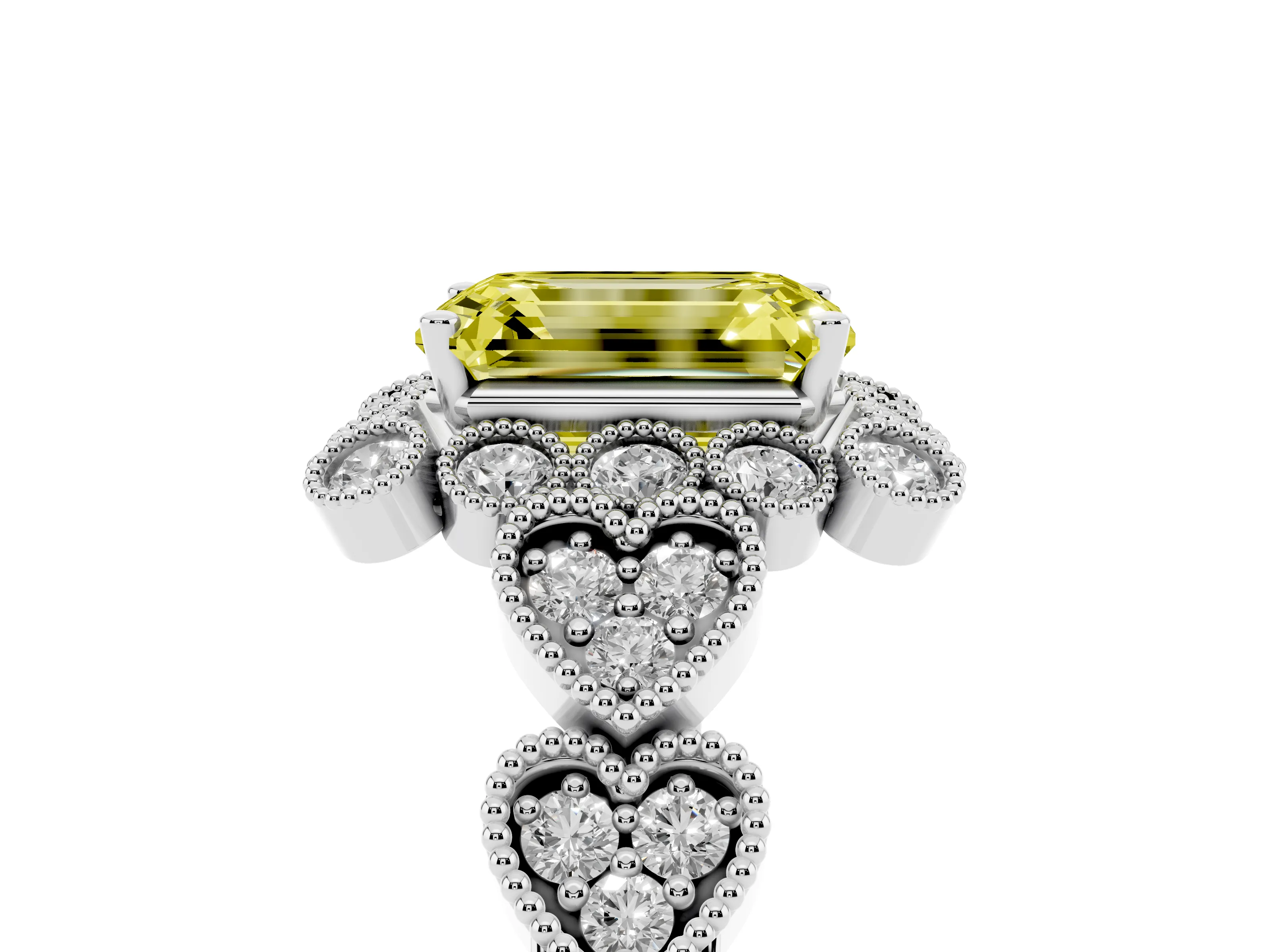 Fancy Yellow Emerald Cut Diamond Solitaire Ring Set in White gold with Milgrain Pavé Heart Band