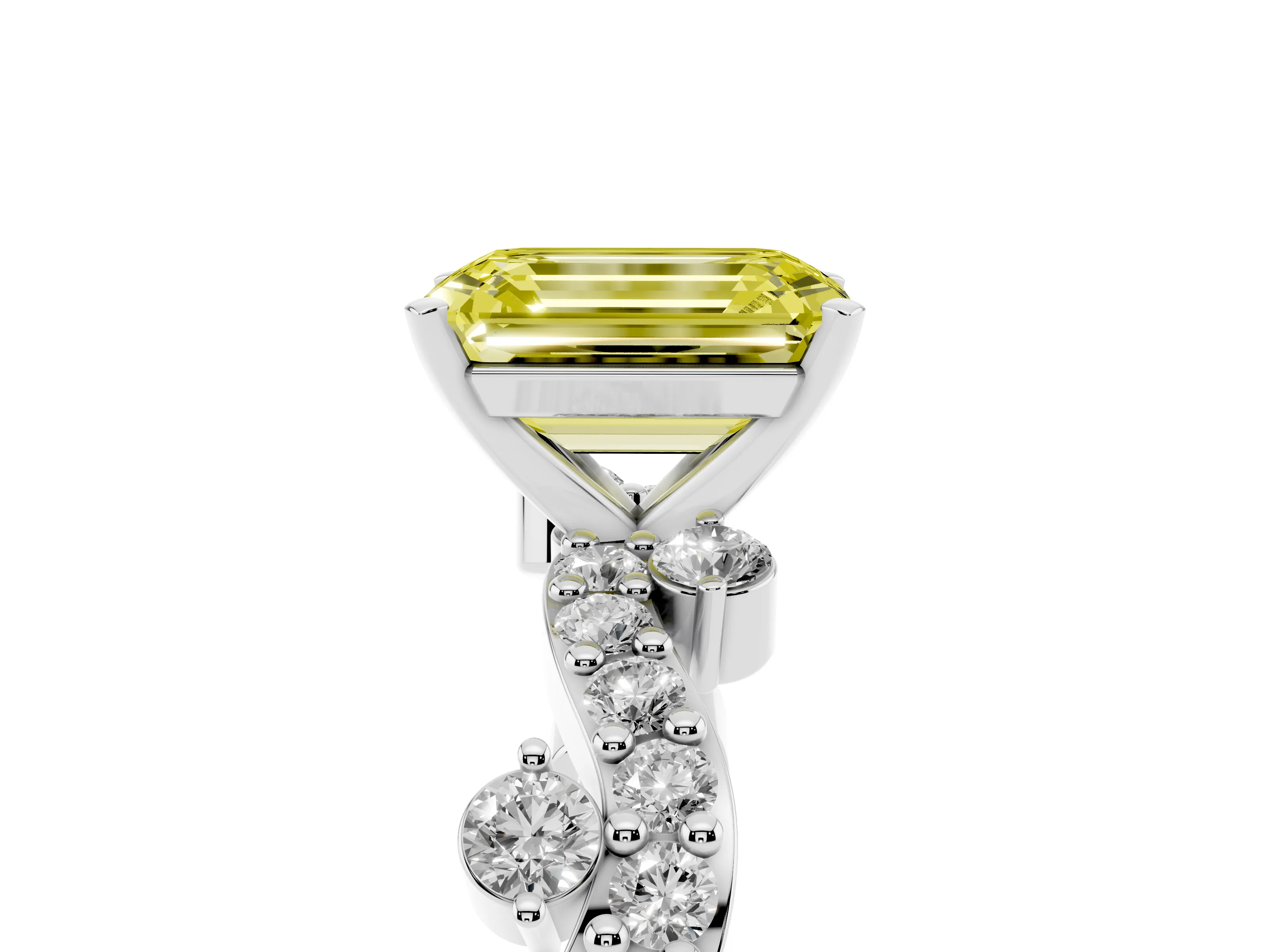 Fancy Yellow Emerald Cut Diamond Solitaire Twisted Band Set in Silver with Pavé Setting