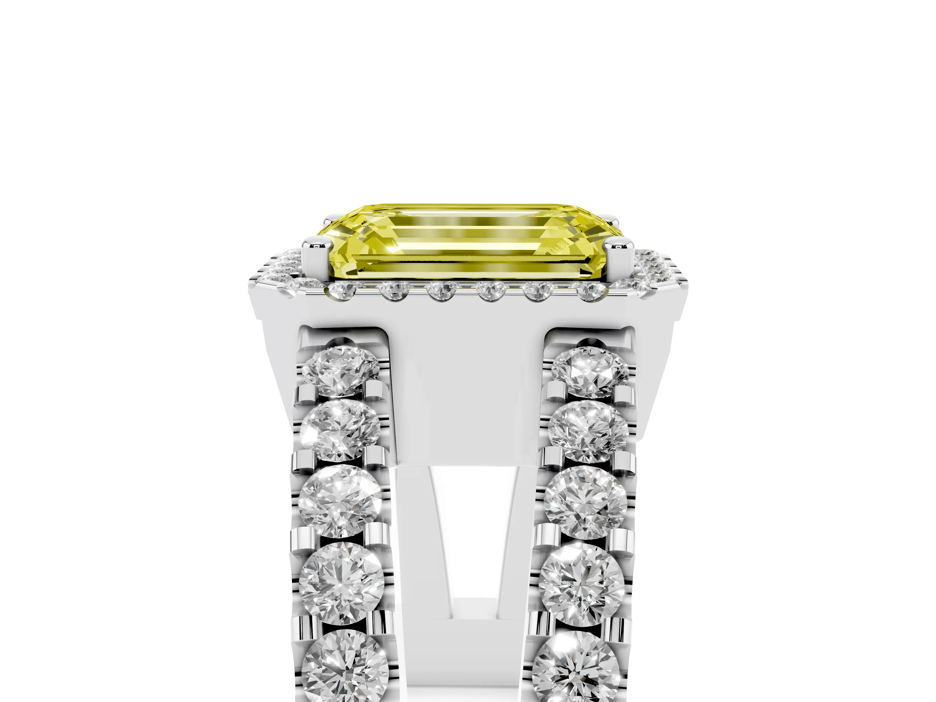 Fancy Yellow Emerald Cut Diamond Halo Ring Set in Platinum with Pavé Split Shank and Prong Setting
