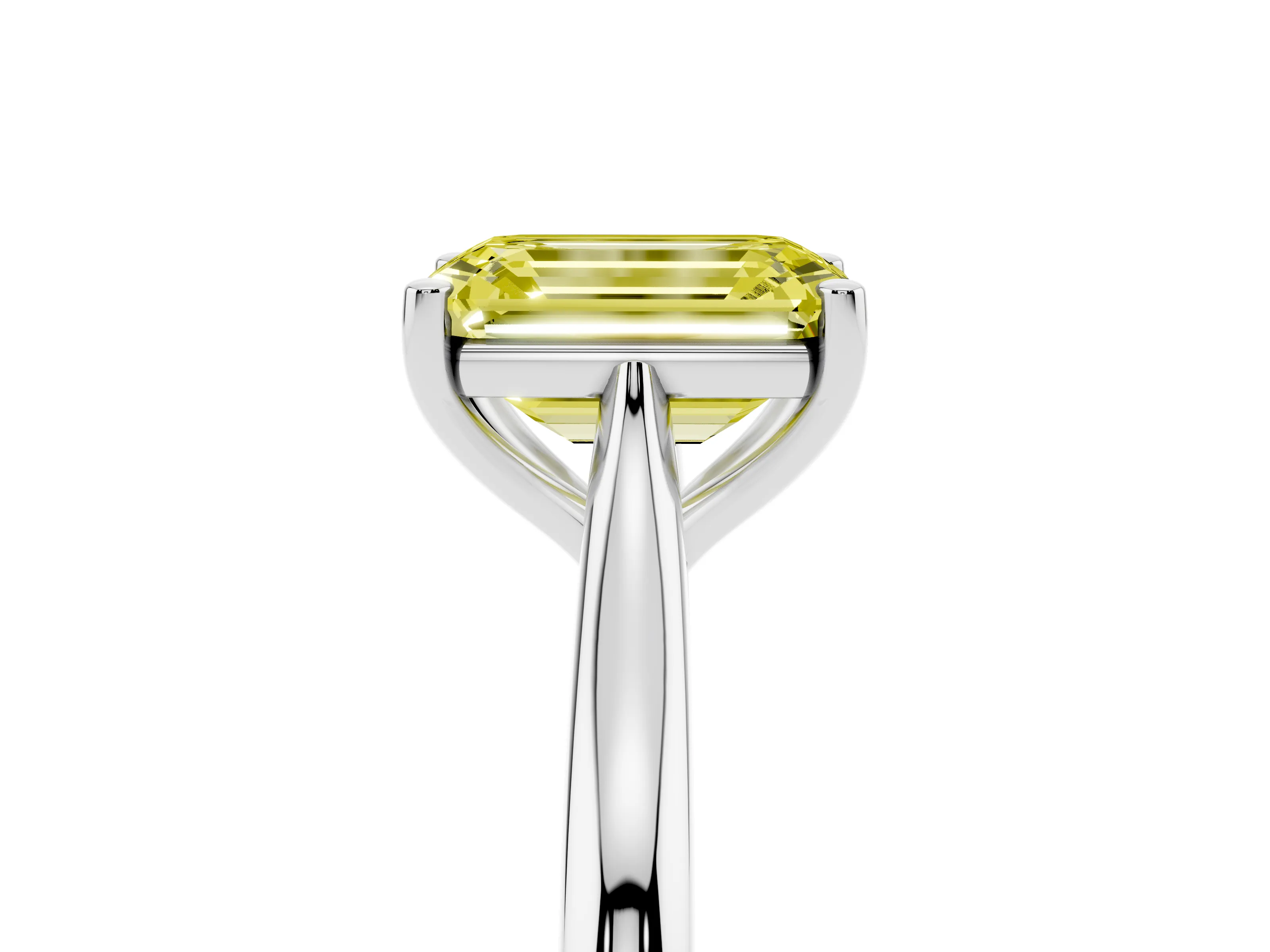 Fancy Yellow Emerald Cut Diamond Solitaire Ring Set in Silver with Cathedral Band and Prong Setting