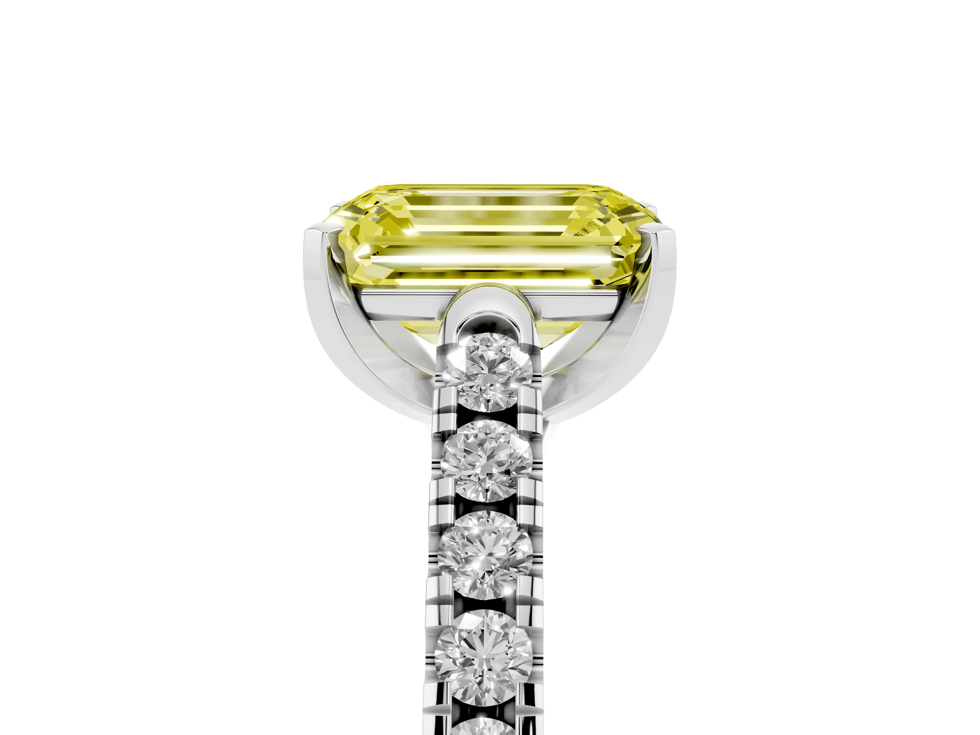 Fancy Yellow Emerald Cut Diamond Pavé Band Solitaire Ring Set in White gold with Partway Accent Stones and Prong Setting