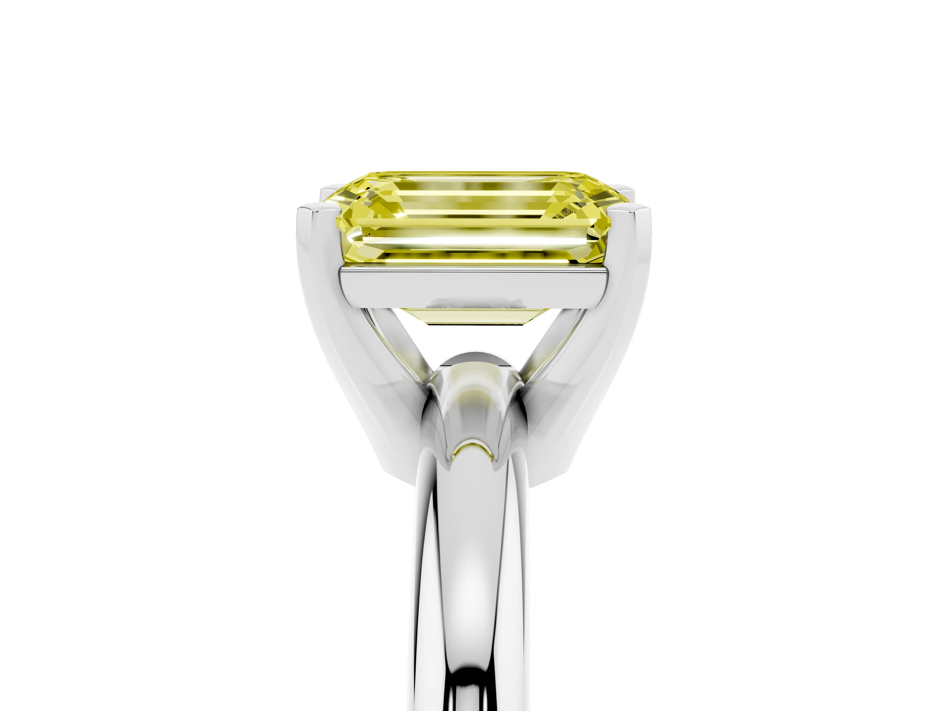 Fancy Yellow Emerald Cut Diamond Solitaire Engagement Ring Set in Platinum with Round Band and Prong Setting