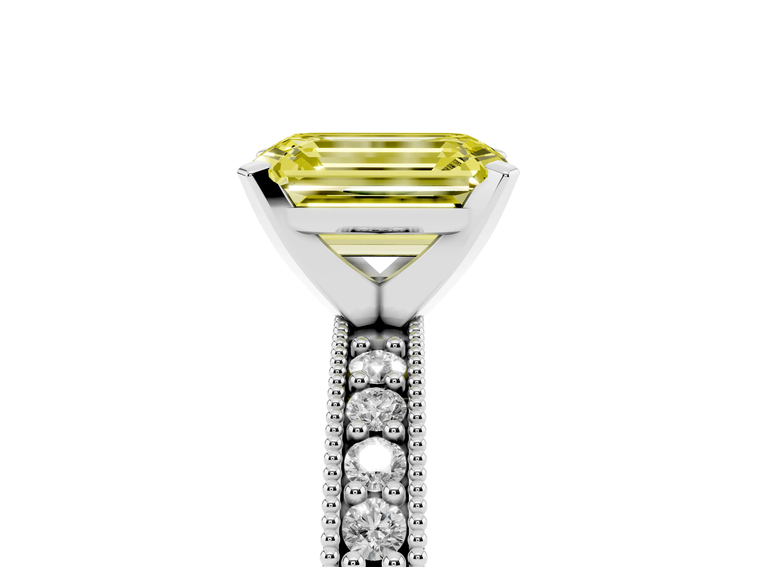 Fancy Yellow Emerald Cut Diamond Milgrain Pavé Engagement Ring Set in Silver with Prong Setting